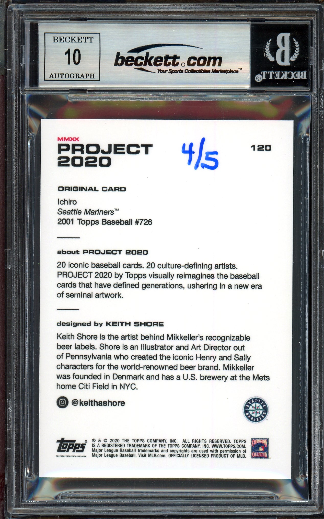 Ichiro Suzuki Autographed Topps Project 2020 Keith Shore Card #120 Seattle Mariners Auto Grade Gem Mint 10 Black #/5 Beckett BAS Stock #200965