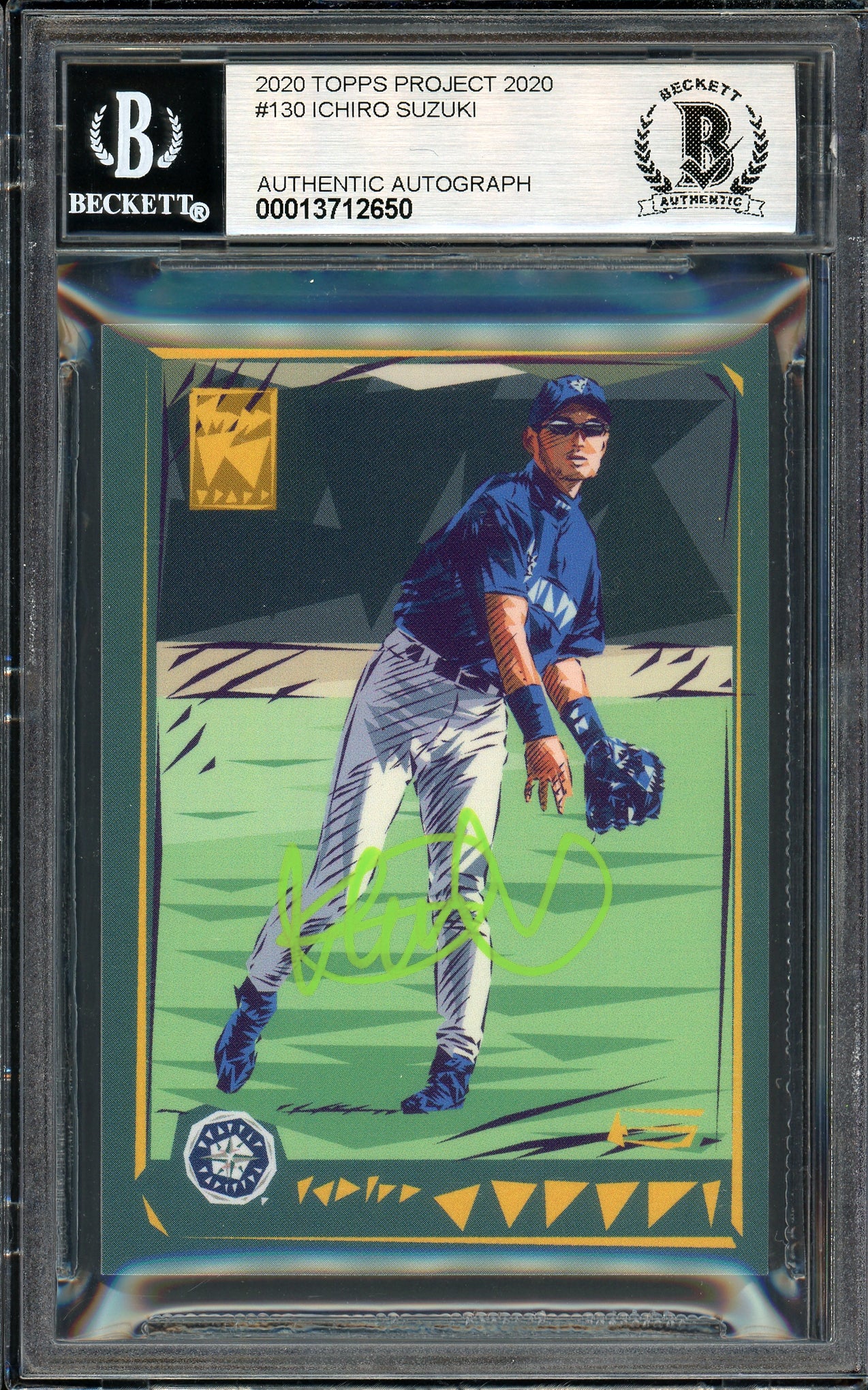 Ichiro Suzuki Autographed Topps Project 2020 Naturel Card #130 Seattle Mariners Auto Grade Gem Mint 10 Lime Green #2/5 Beckett BAS #13712650