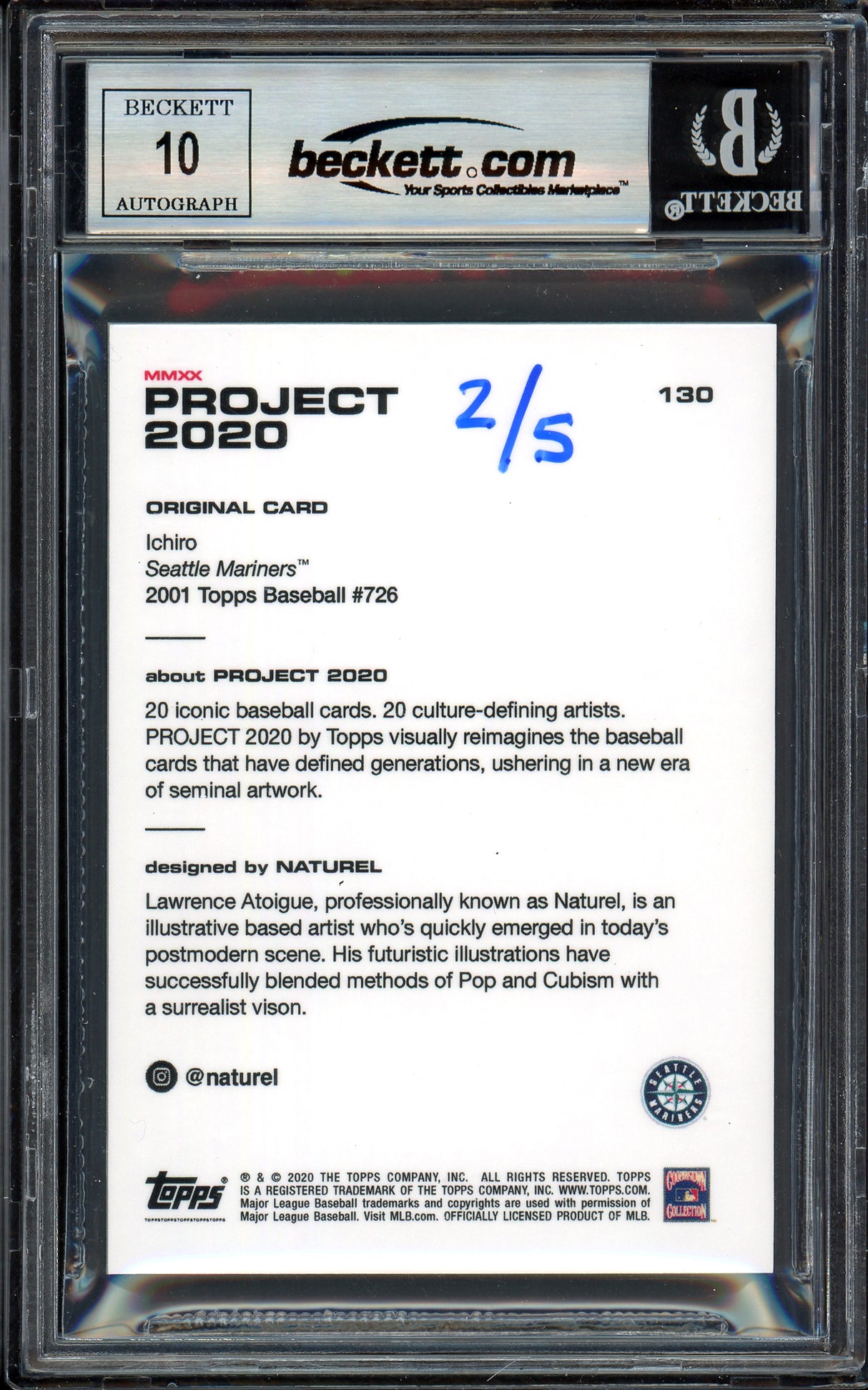 Ichiro Suzuki Autographed Topps Project 2020 Naturel Card #130 Seattle Mariners Auto Grade Gem Mint 10 Lime Green #2/5 Beckett BAS #13712650
