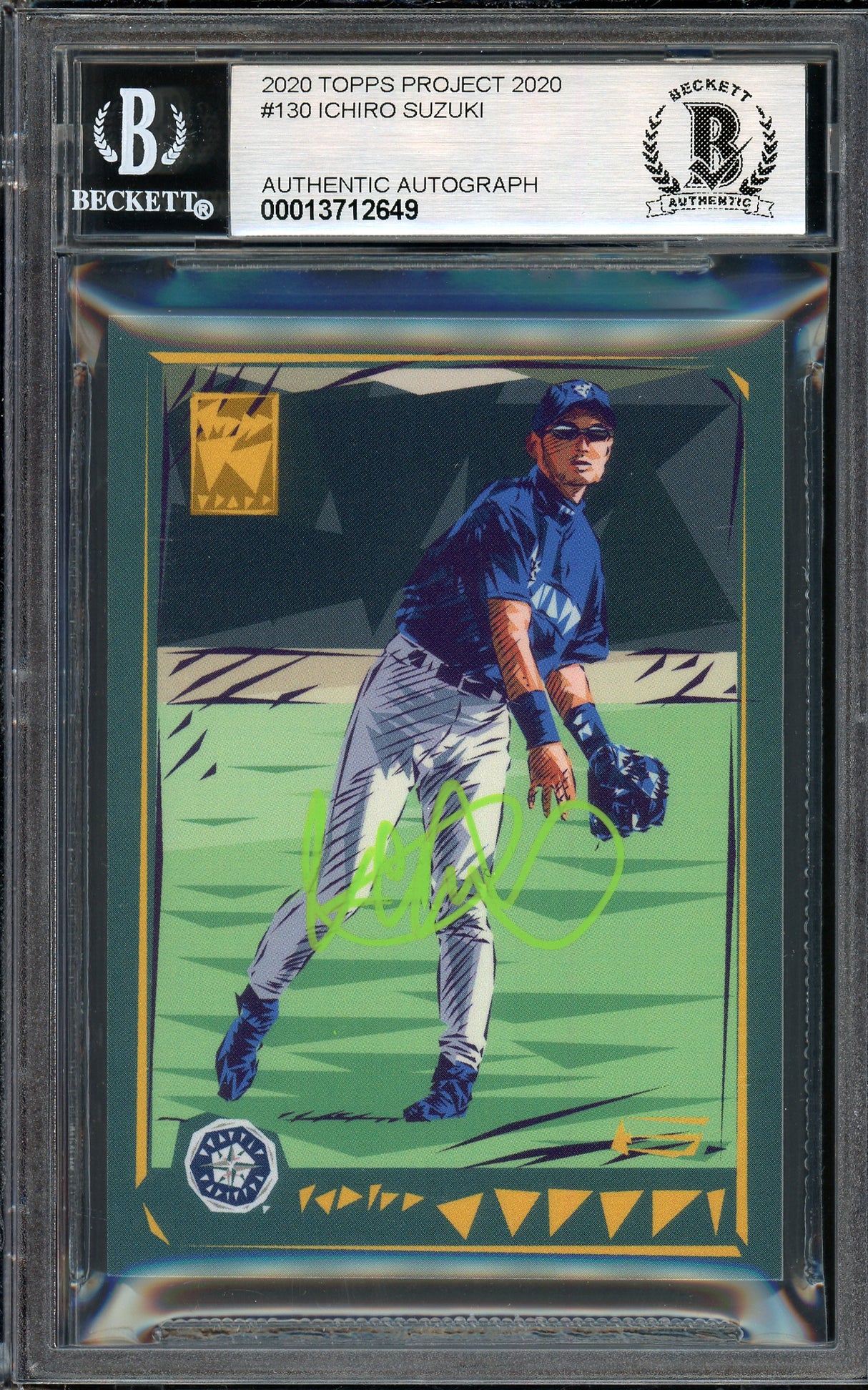 Ichiro Suzuki Autographed Topps Project 2020 Naturel Card #130 Seattle Mariners Auto Grade Gem Mint 10 Lime Green #1/5 Beckett BAS #13712649