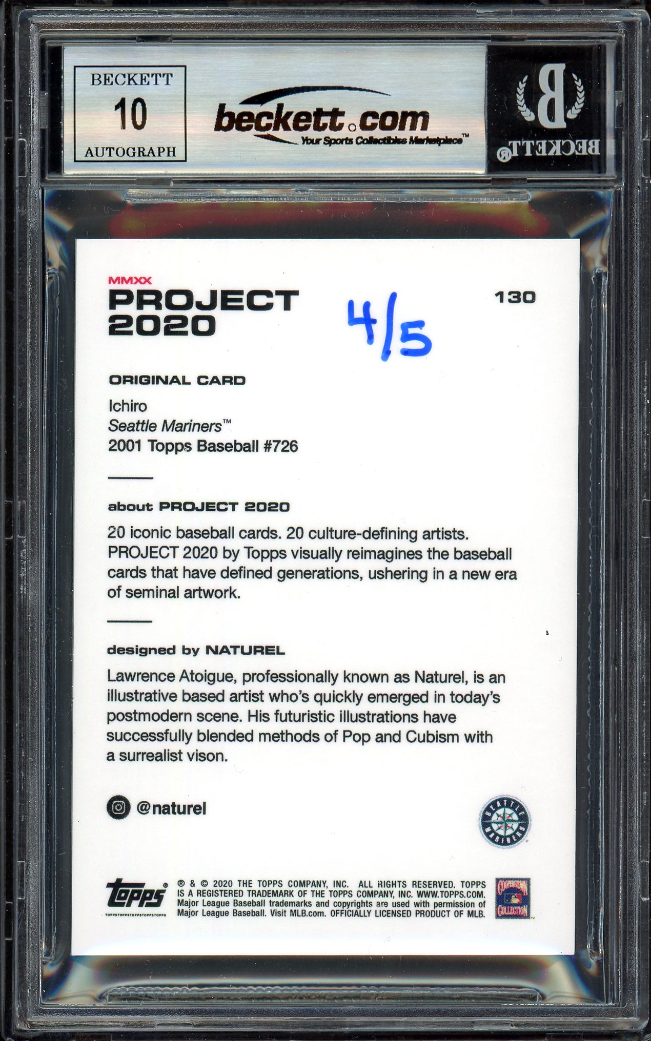 Ichiro Suzuki Autographed Topps Project 2020 Naturel Card #130 Seattle Mariners Auto Grade Gem Mint 10 Black #4/5 Beckett BAS #13712653