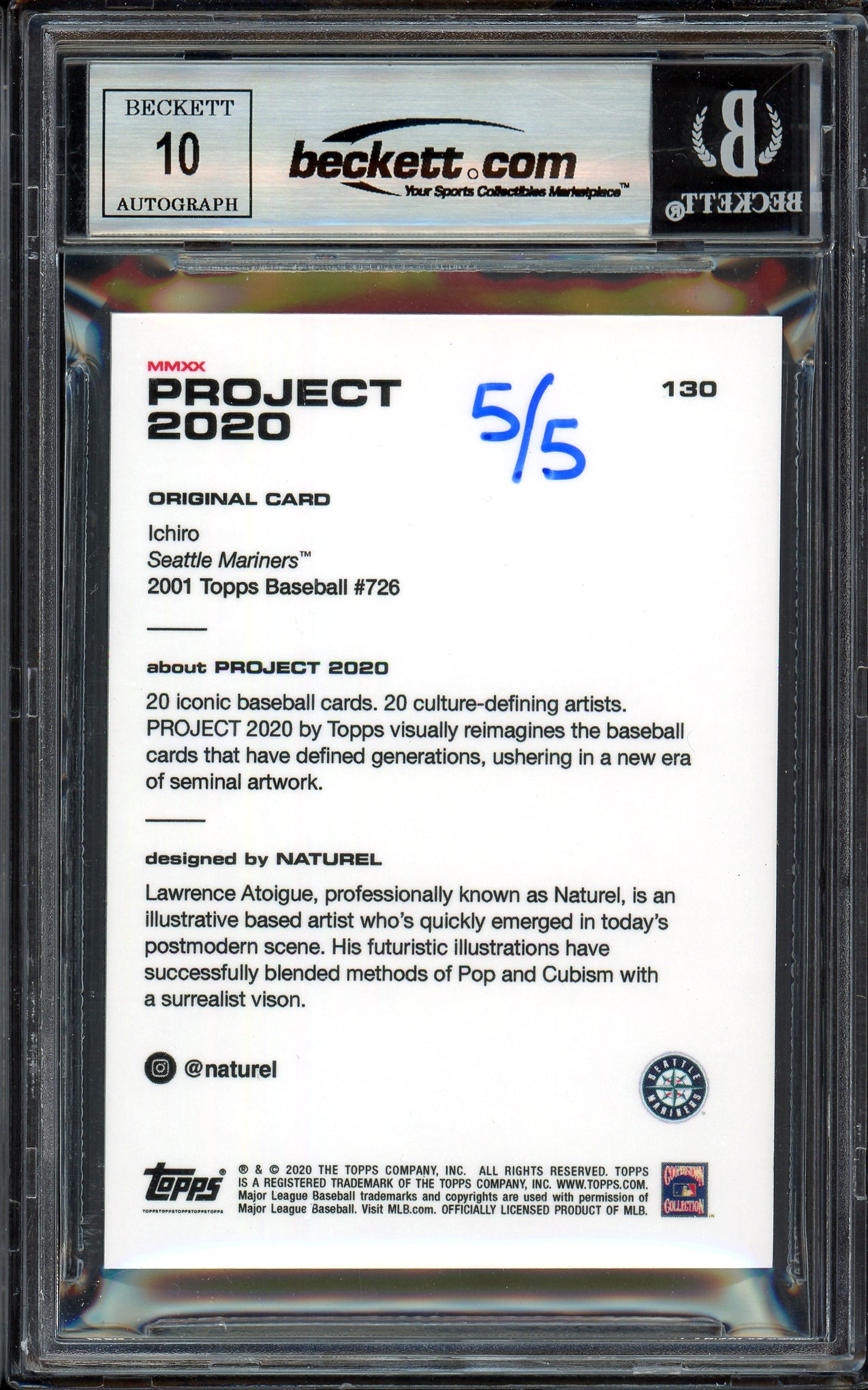 Ichiro Suzuki Autographed Topps Project 2020 Naturel Card #130 Seattle Mariners Auto Grade Gem Mint 10 Black #5/5 Beckett BAS #13712652