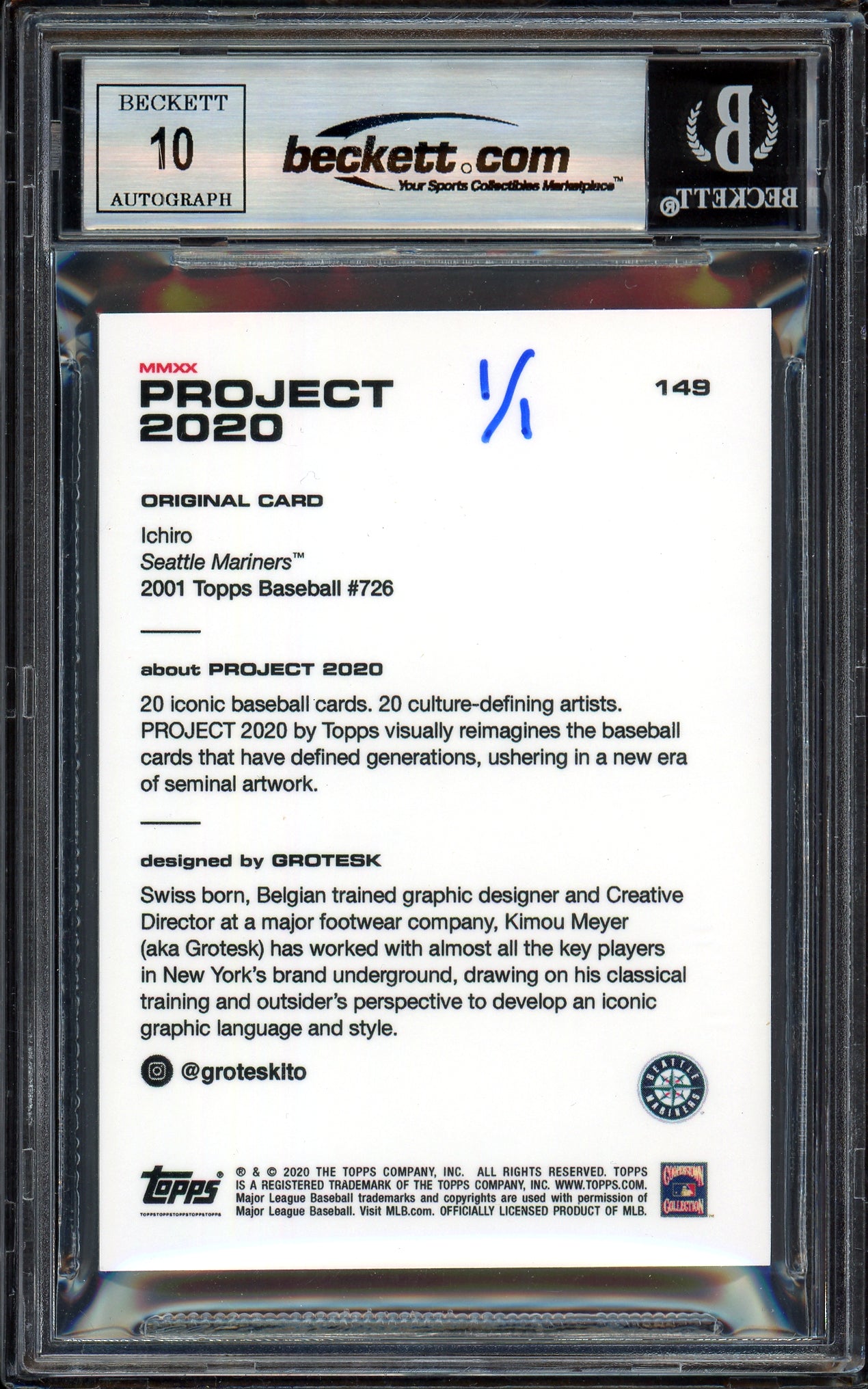 Ichiro Suzuki Autographed Topps Project 2020 Grotesk Card #149 Seattle Mariners Auto Grade Gem Mint 10 "01 ROY/MVP" Blue #1/1 Beckett BAS #13712641