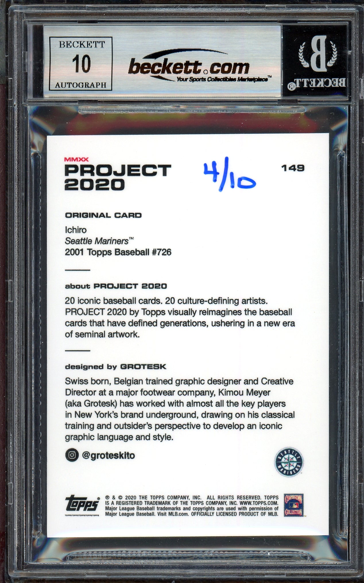 Ichiro Suzuki Autographed Topps Project 2020 Grotesk Card #149 Seattle Mariners Auto Grade Gem Mint 10 Black #4/10 Beckett BAS #13712761
