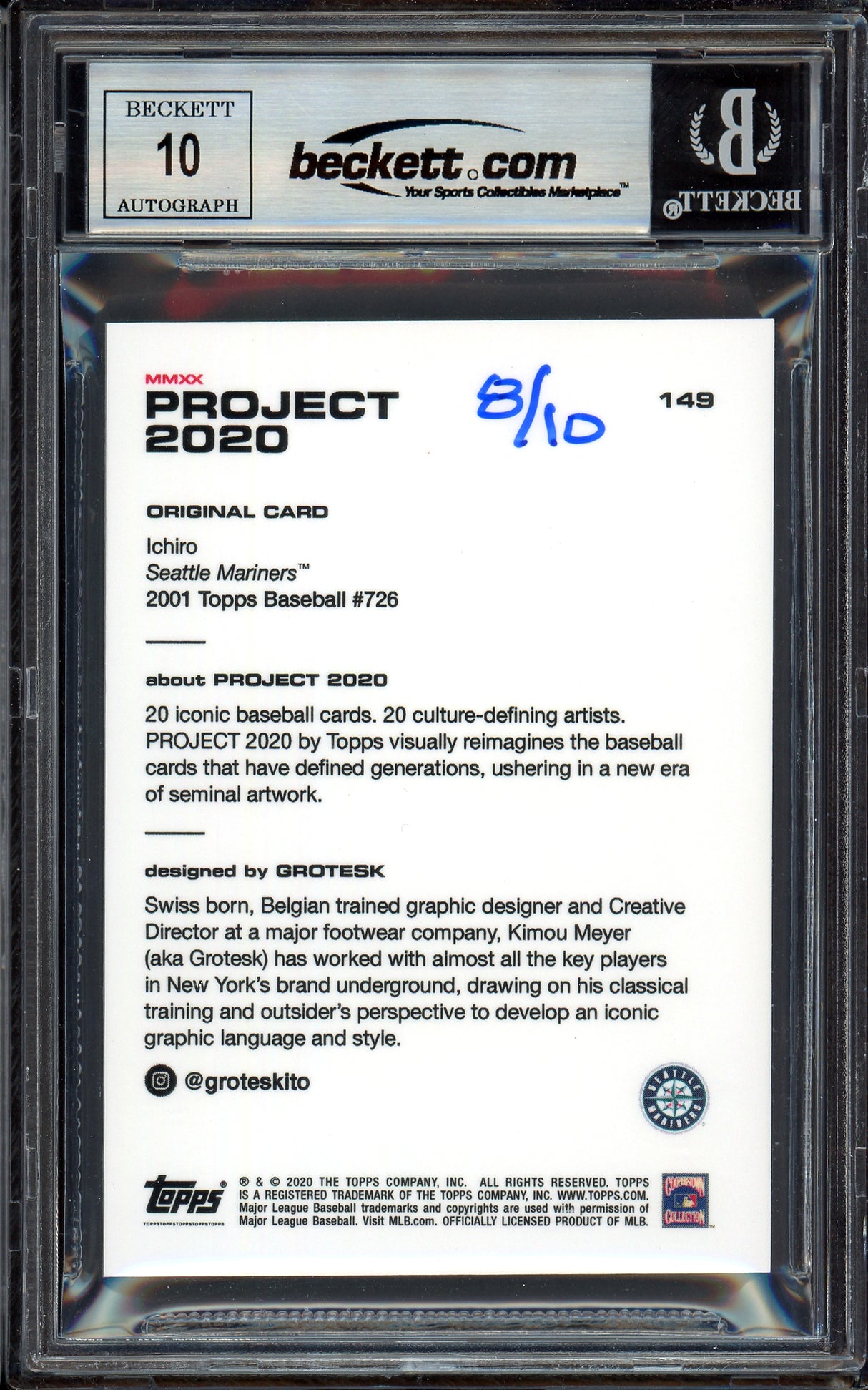 Ichiro Suzuki Autographed Topps Project 2020 Grotesk Card #149 Seattle Mariners Auto Grade Gem Mint 10 Black #8/10 Beckett BAS #13712772