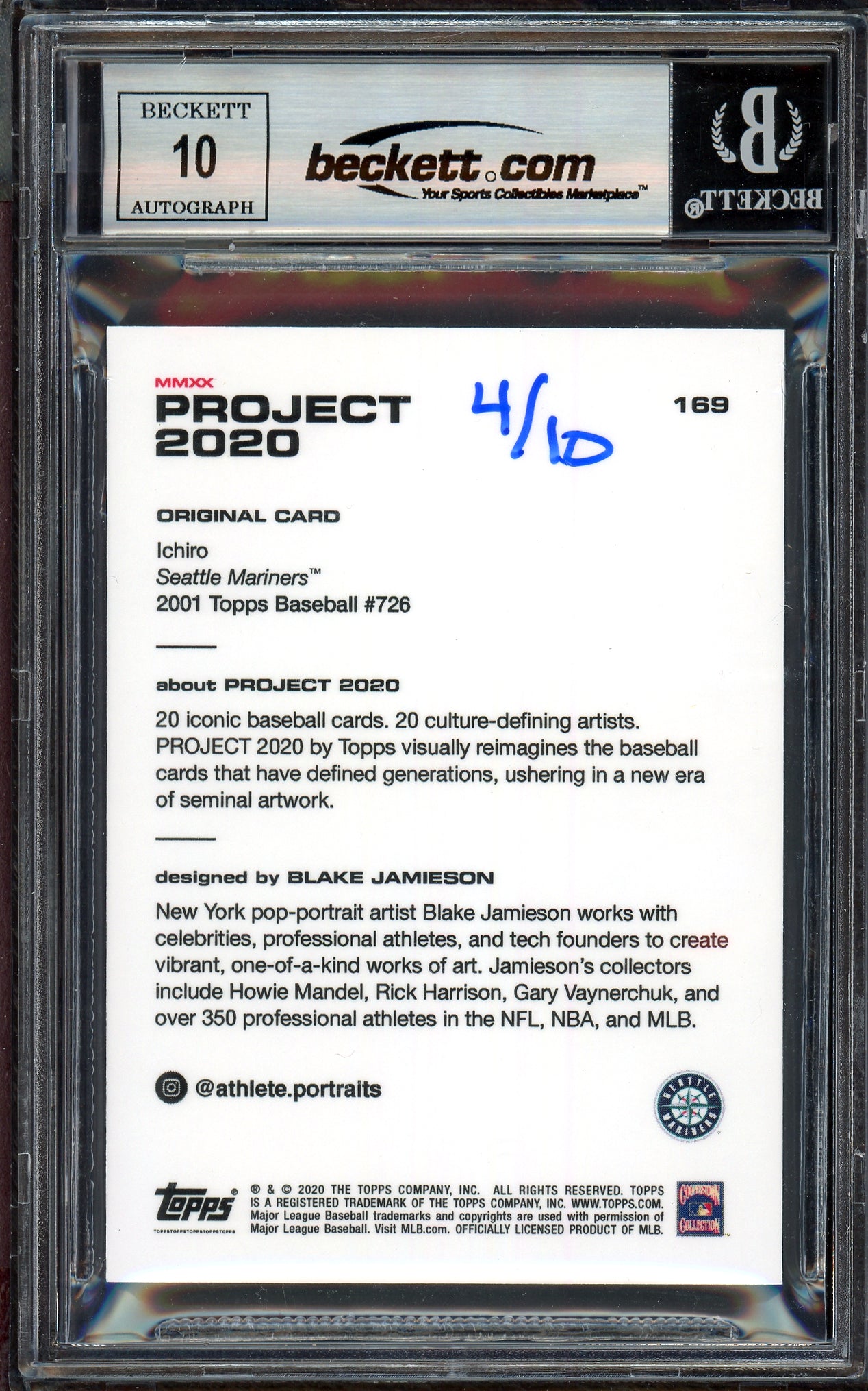 Ichiro Suzuki Autographed Topps Project 2020 Blake Jamieson Card #169 Seattle Mariners Auto Grade Gem Mint 10 Lime Green #/10 Beckett BAS Stock #200985