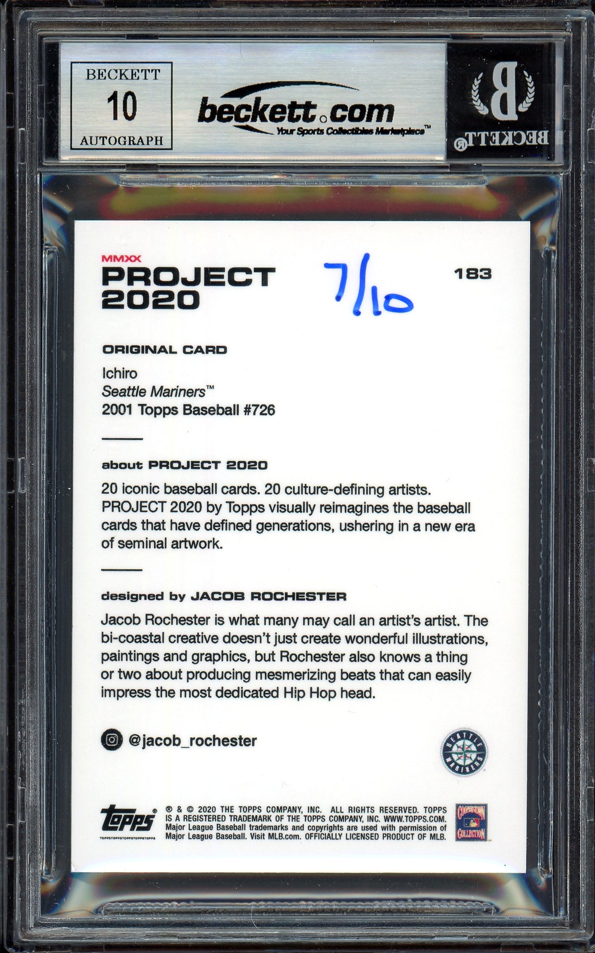 Ichiro Suzuki Autographed Topps Project 2020 Jacob Rochester Card #183 Seattle Mariners Auto Grade Gem Mint 10 Black #/10 Beckett BAS Stock #200992