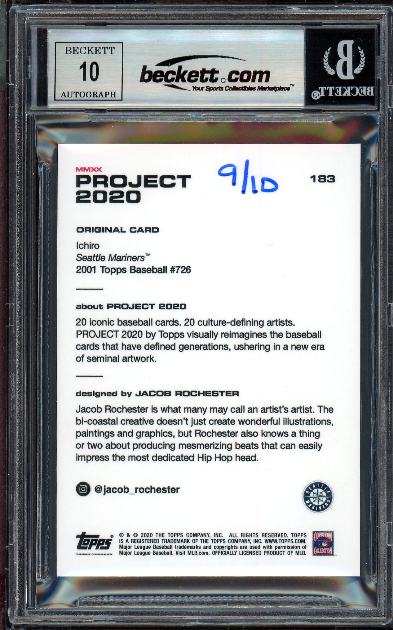 Ichiro Suzuki Autographed Topps Project 2020 Jacob Rochester Card #183 Seattle Mariners Auto Grade Gem Mint 10 Teal #/10 Beckett BAS Stock #200993