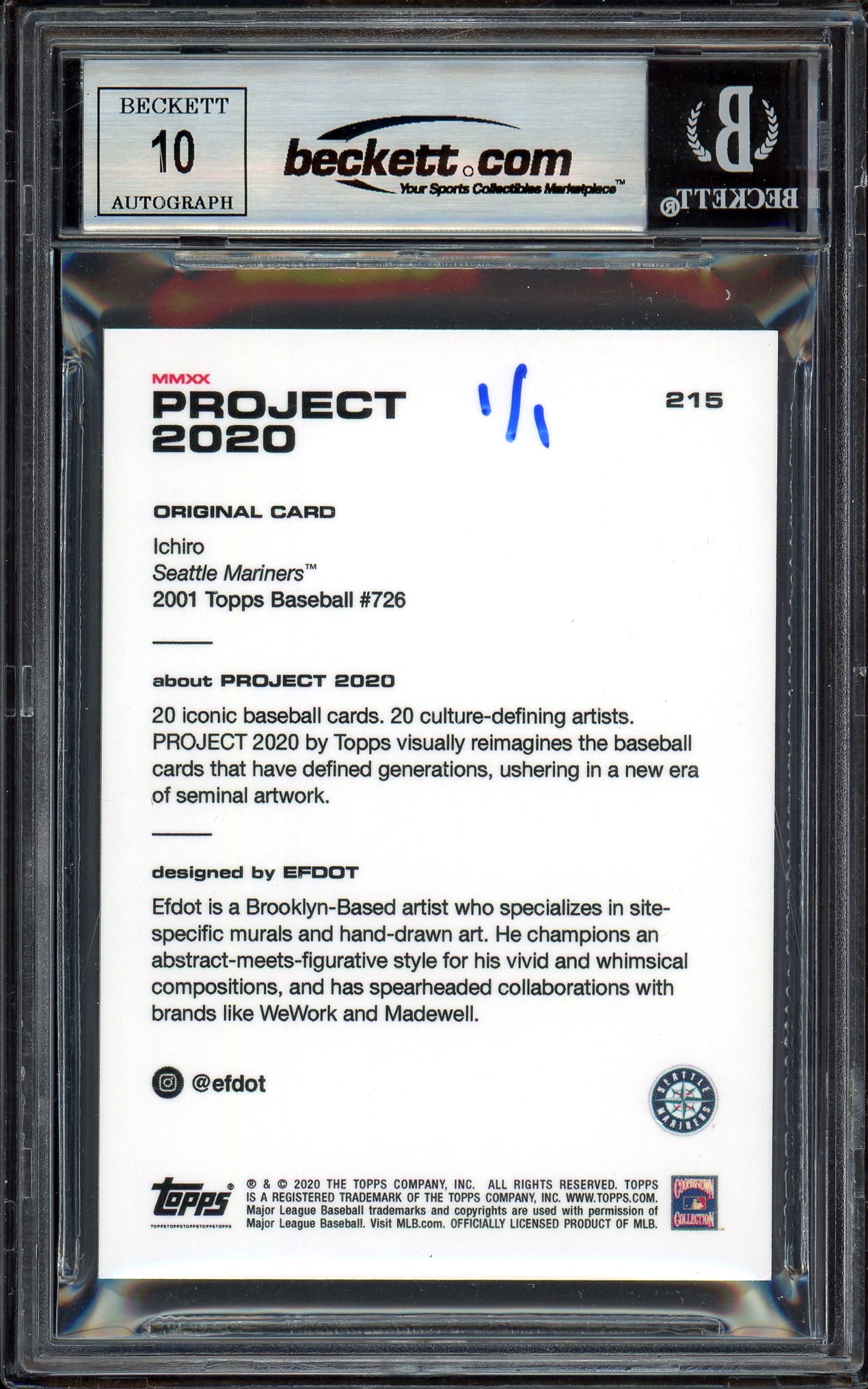 Ichiro Suzuki Autographed Topps Project 2020 Efdot Card #215 Seattle Mariners Auto Grade Gem Mint 10 "01 ROY/MVP" Blue #1/1 Beckett BAS #13712984