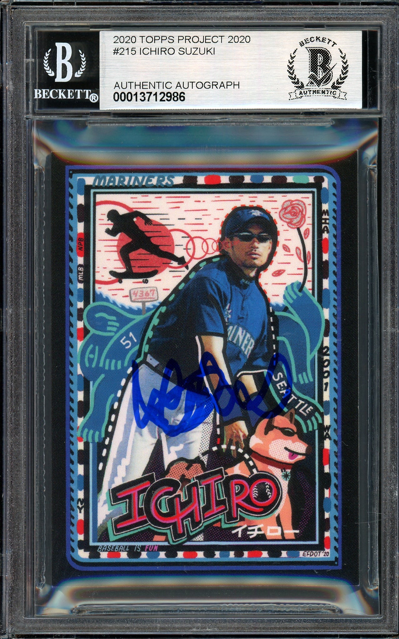 Ichiro Suzuki Autographed Topps Project 2020 Efdot Card #215 Seattle Mariners Auto Grade Gem Mint 10 Blue #/10 Beckett BAS Stock #201003