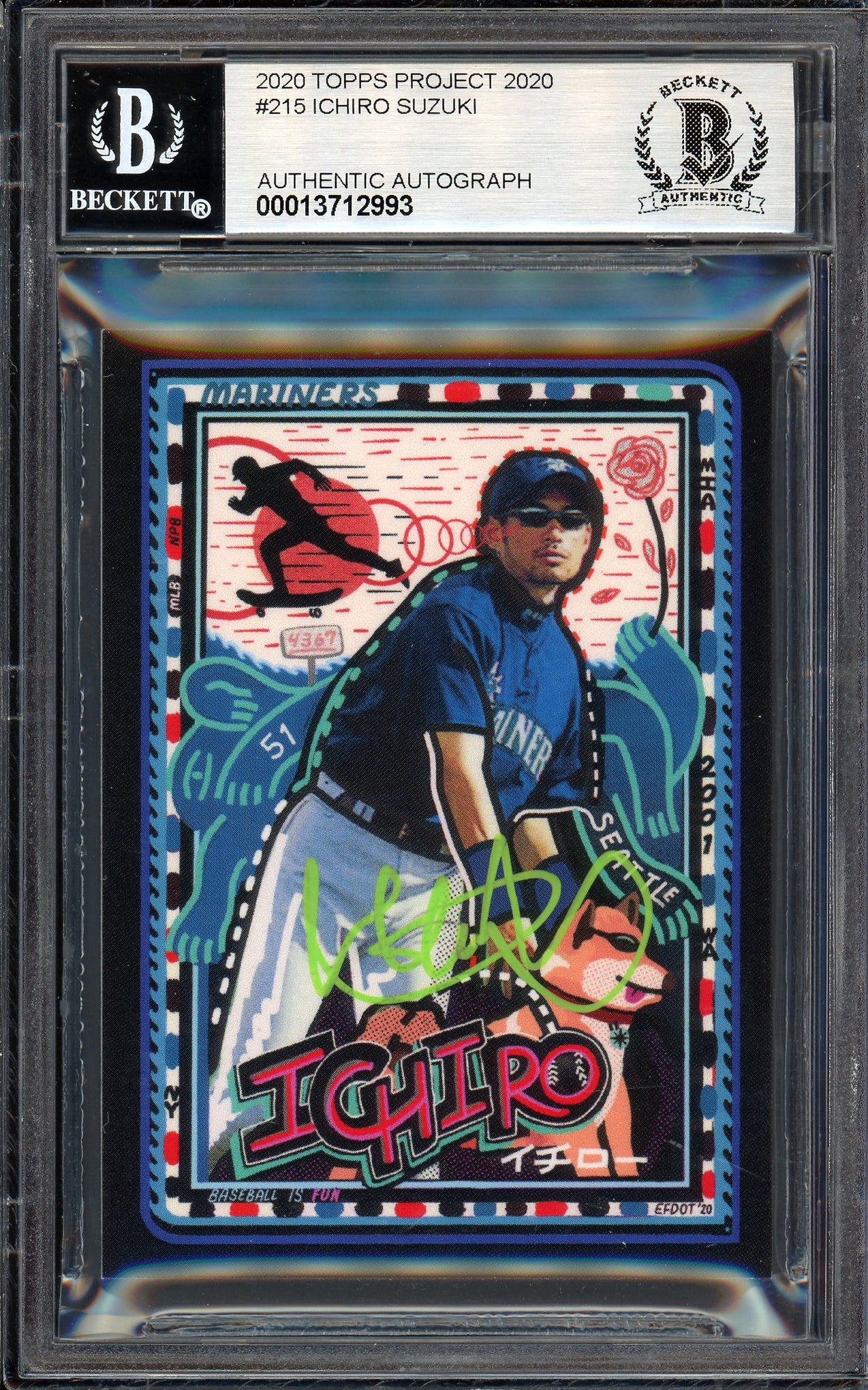 Ichiro Suzuki Autographed Topps Project 2020 Efdot Card #215 Seattle Mariners Auto Grade Gem Mint 10 Lime Green #/10 Beckett BAS Stock #201004
