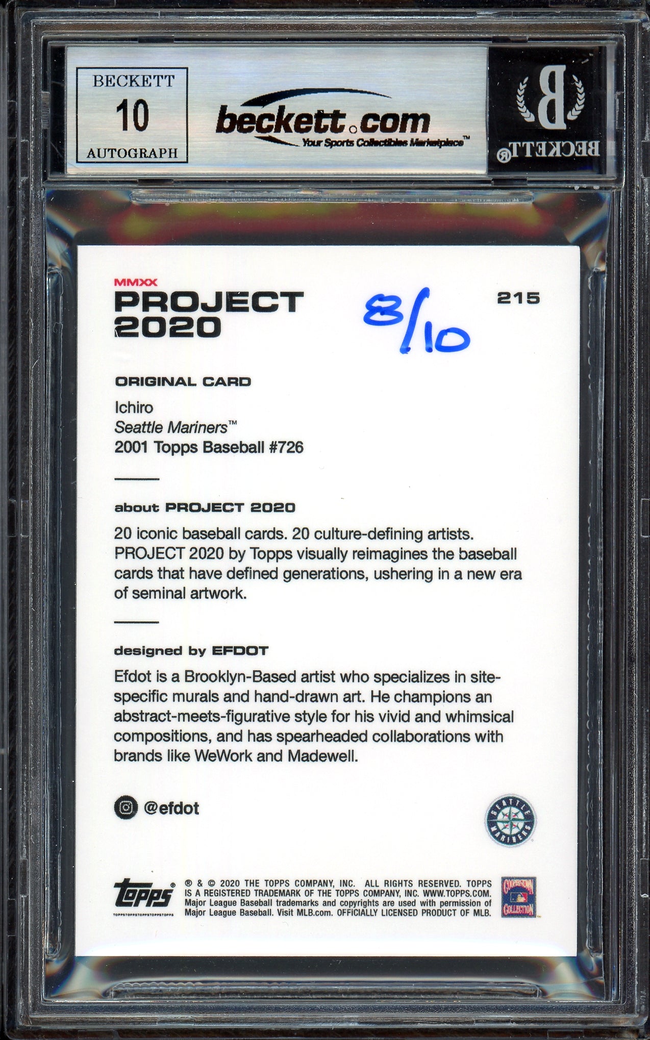 Ichiro Suzuki Autographed Topps Project 2020 Efdot Card #215 Seattle Mariners Auto Grade Gem Mint 10 Lime Green #/10 Beckett BAS Stock #201004