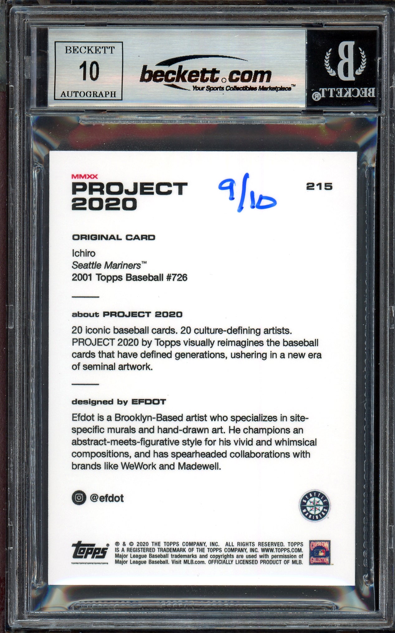 Ichiro Suzuki Autographed Topps Project 2020 Efdot Card #215 Seattle Mariners Auto Grade Gem Mint 10 Black #/10 Beckett BAS Stock #201005