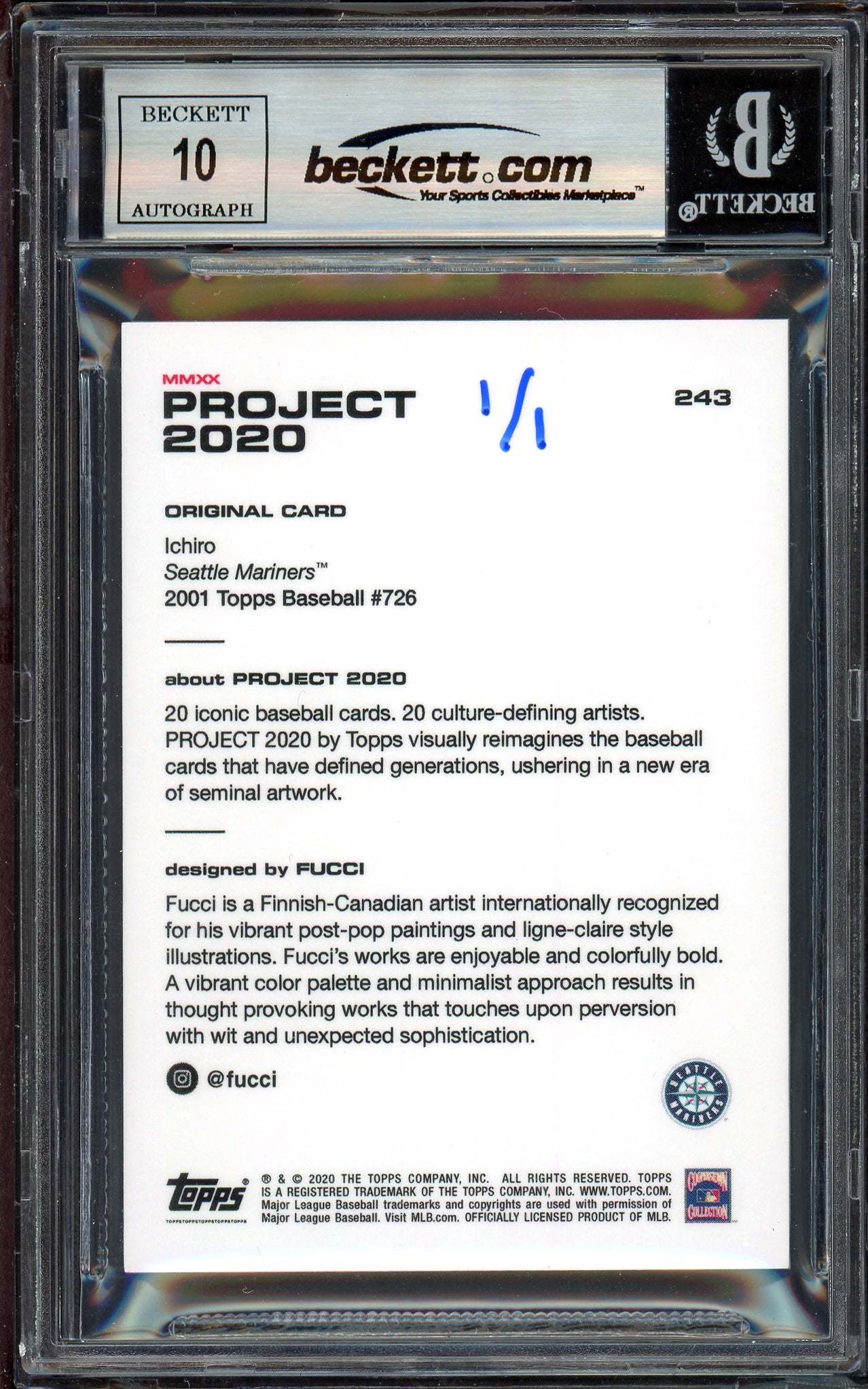 Ichiro Suzuki Autographed Topps Project 2020 Fucci Card #243 Seattle Mariners Auto Grade Gem Mint 10 "01 ROY/MVP" Blue #1/1 Beckett BAS #13713099