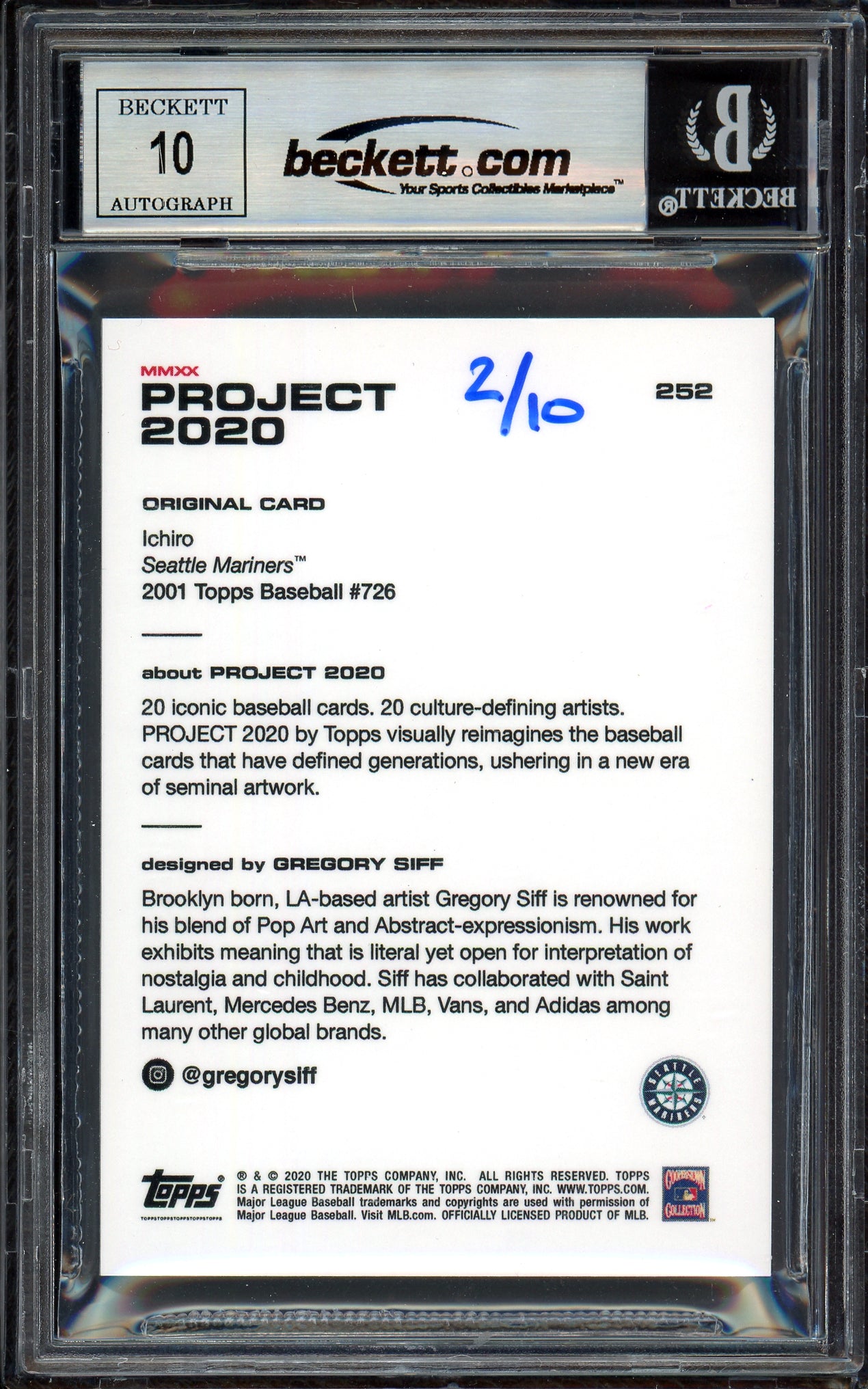 Ichiro Suzuki Autographed Topps Project 2020 Gregory Siff Card #252 Seattle Mariners Auto Grade Gem Mint 10 Lime Green #/10 Beckett BAS Stock #201014