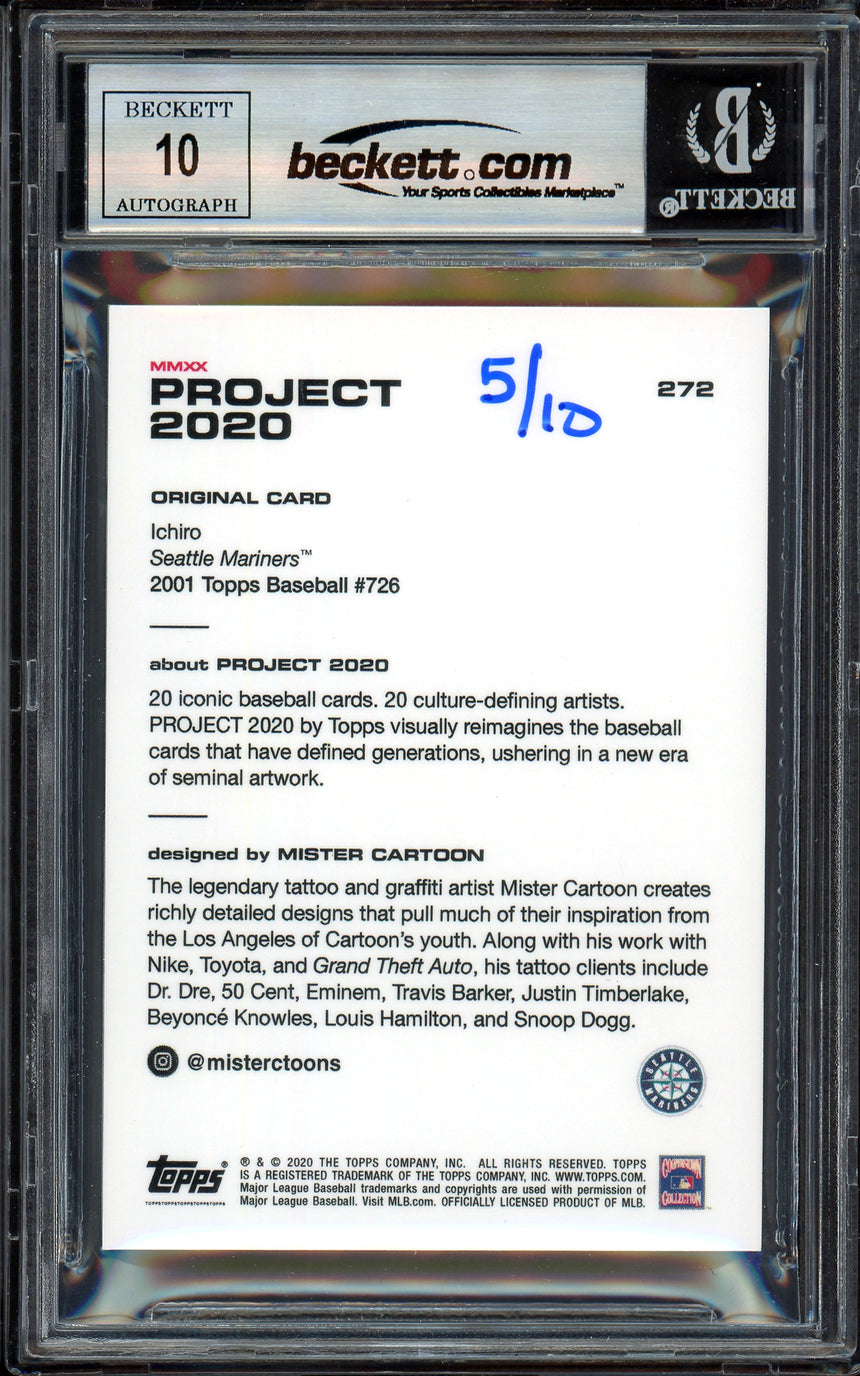 Ichiro Suzuki Autographed Topps Project 2020 Mister Cartoon Card #272 Seattle Mariners Auto Grade Gem Mint 10 Black #/10 Beckett BAS Stock #201020