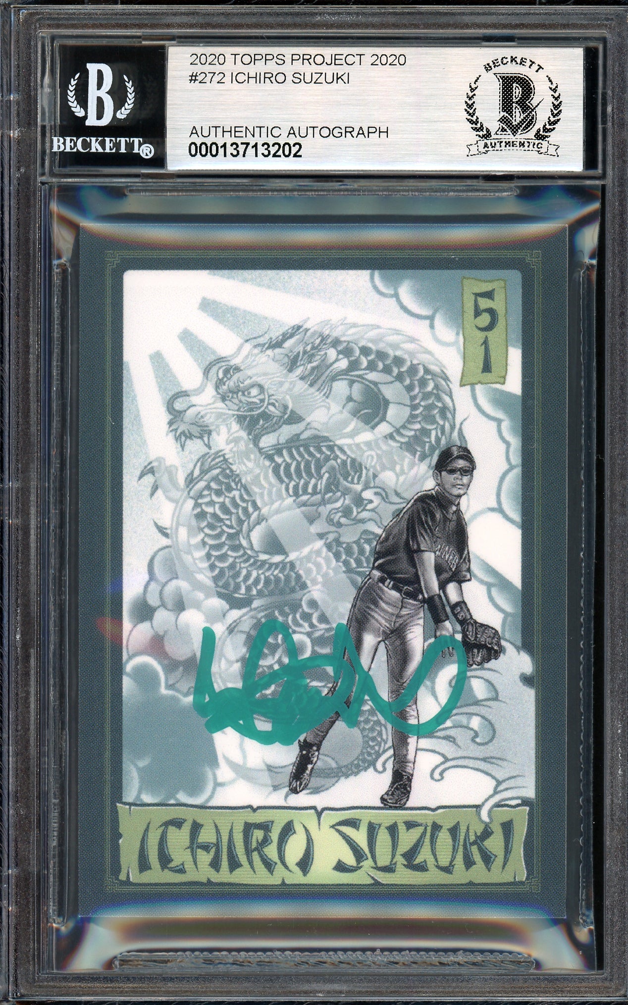 Ichiro Suzuki Autographed Topps Project 2020 Mister Cartoon Card #272 Seattle Mariners Auto Grade Gem Mint 10 Teal #/10 Beckett BAS Stock #201021