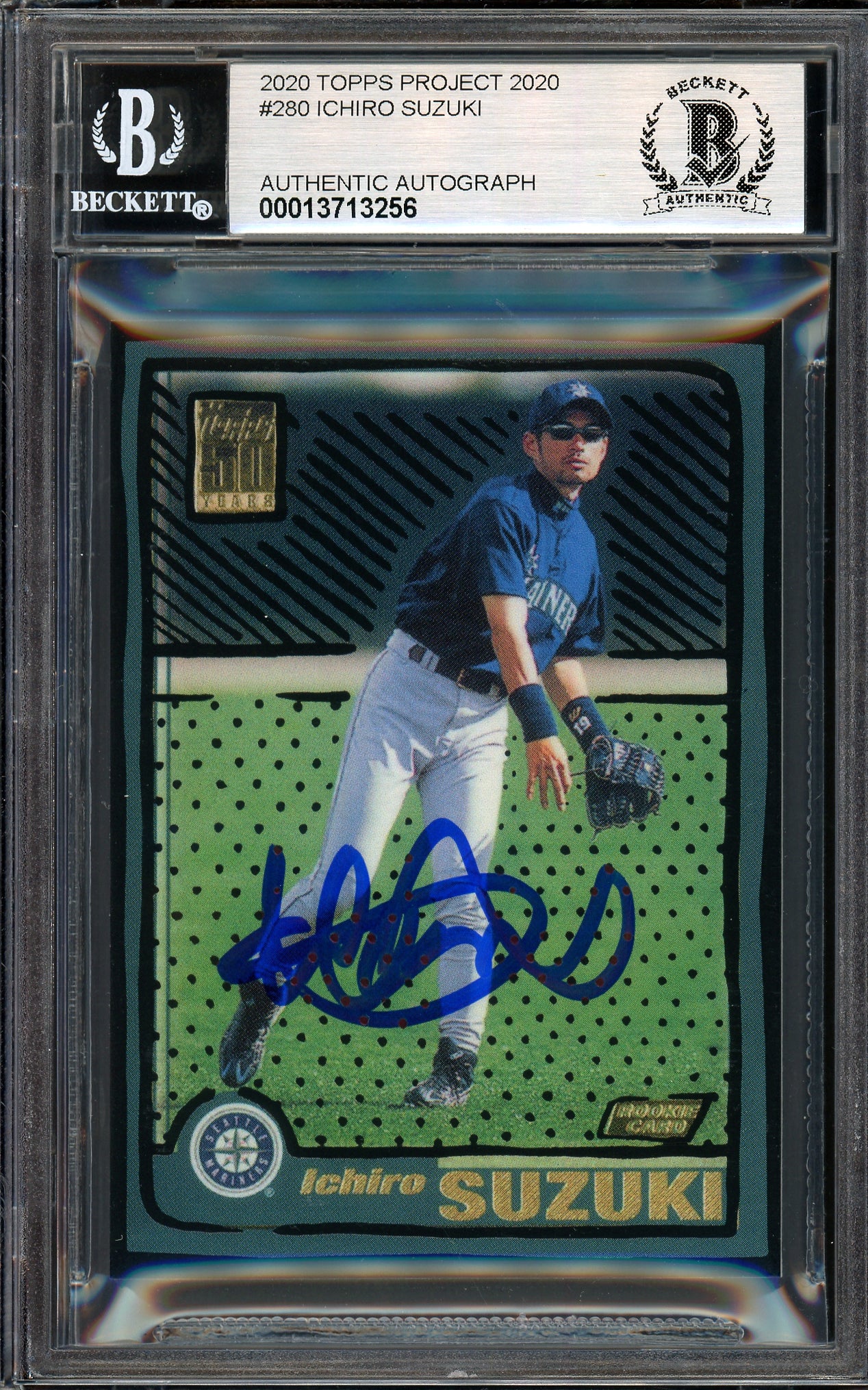 Ichiro Suzuki Autographed Topps Project 2020 Joshua Vides Card #280 Seattle Mariners Auto Grade Gem Mint 10 Blue #/10 Beckett BAS Stock #201025