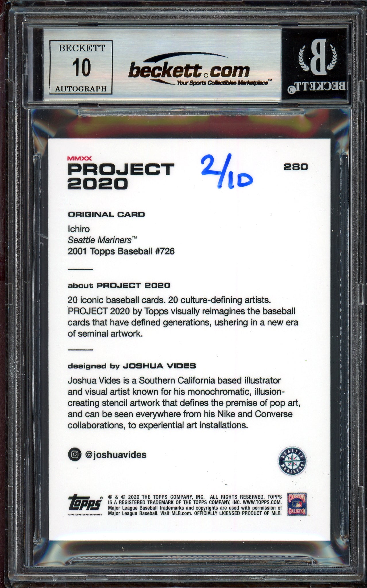 Ichiro Suzuki Autographed Topps Project 2020 Joshua Vides Card #280 Seattle Mariners Auto Grade Gem Mint 10 Black #/10 Beckett BAS Stock #201027