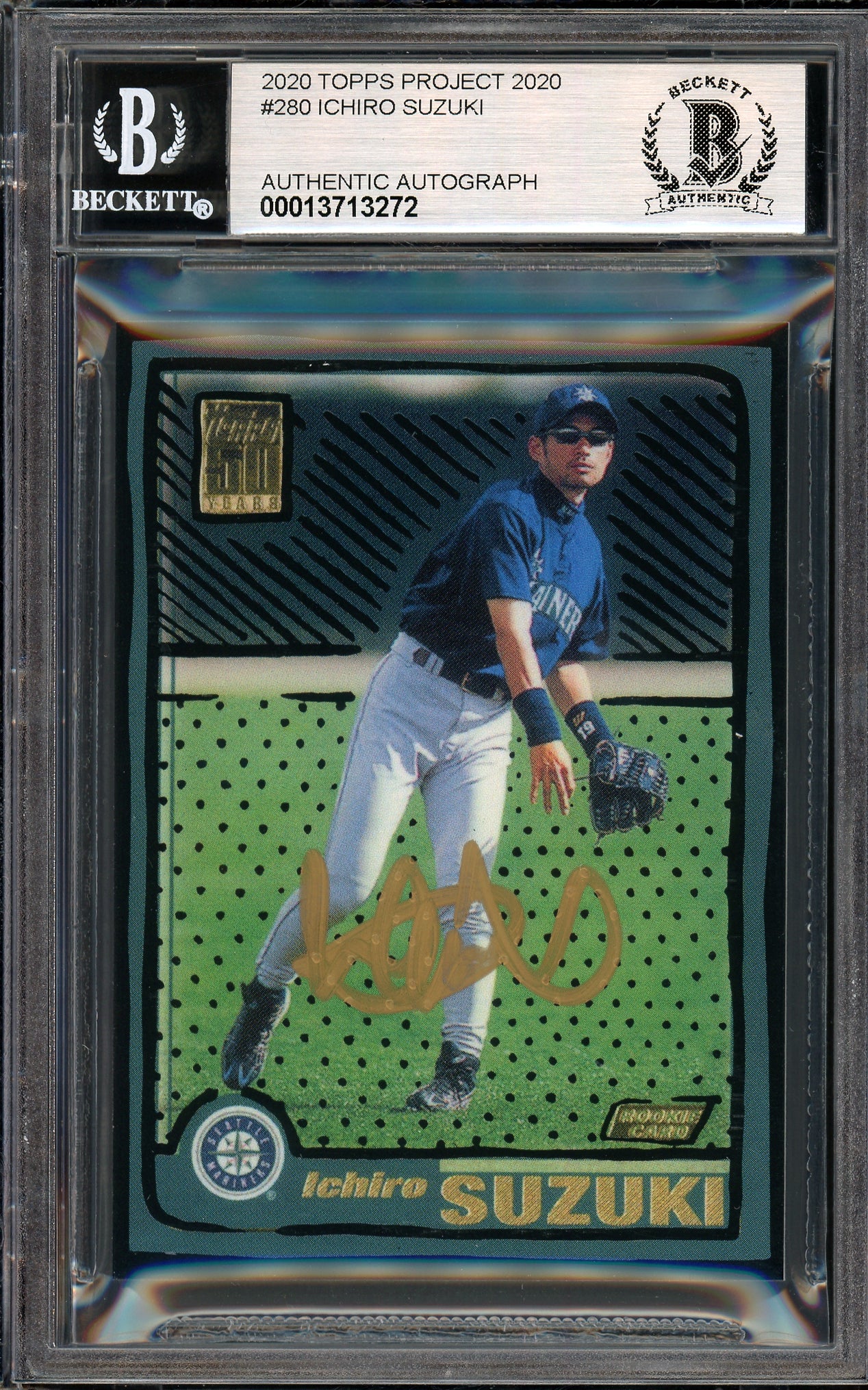 Ichiro Suzuki Autographed Topps Project 2020 Joshua Vides Card #280 Seattle Mariners Auto Grade Gem Mint 10 Gold #/10 Beckett BAS Stock #201029