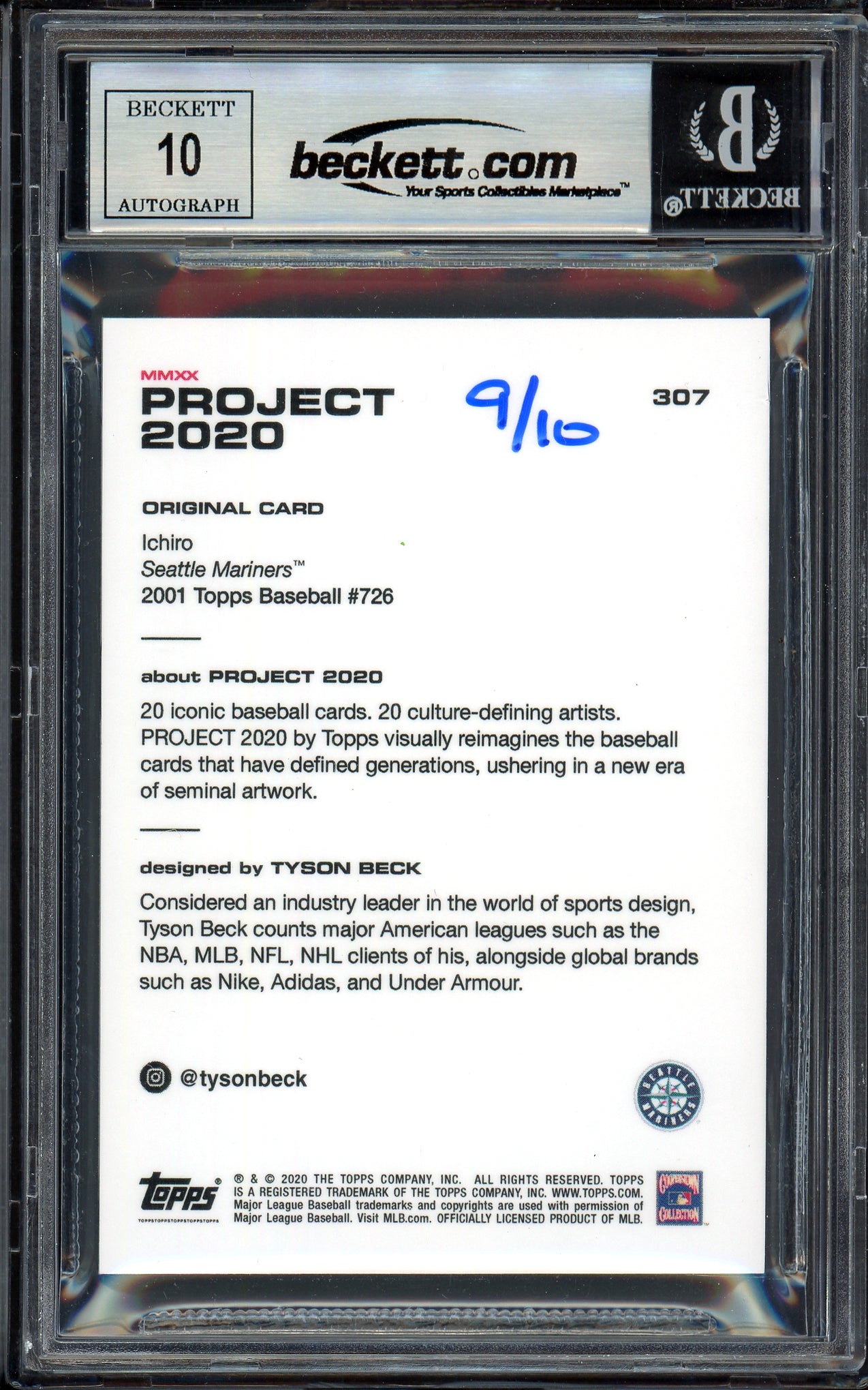 Ichiro Suzuki Autographed Topps Project 2020 Tyson Beck Card #307 Seattle Mariners Auto Grade Gem Mint 10 Lime Green #/10 Beckett BAS Stock #201032