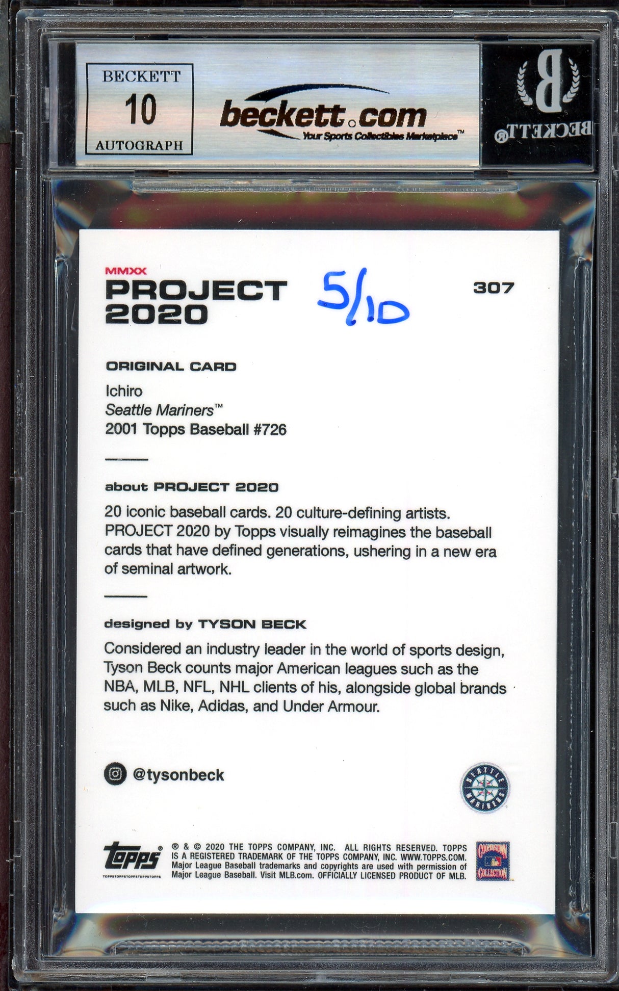 Ichiro Suzuki Autographed Topps Project 2020 Tyson Beck Card #307 Seattle Mariners Auto Grade Gem Mint 10 Black #/10 Beckett BAS Stock #201033