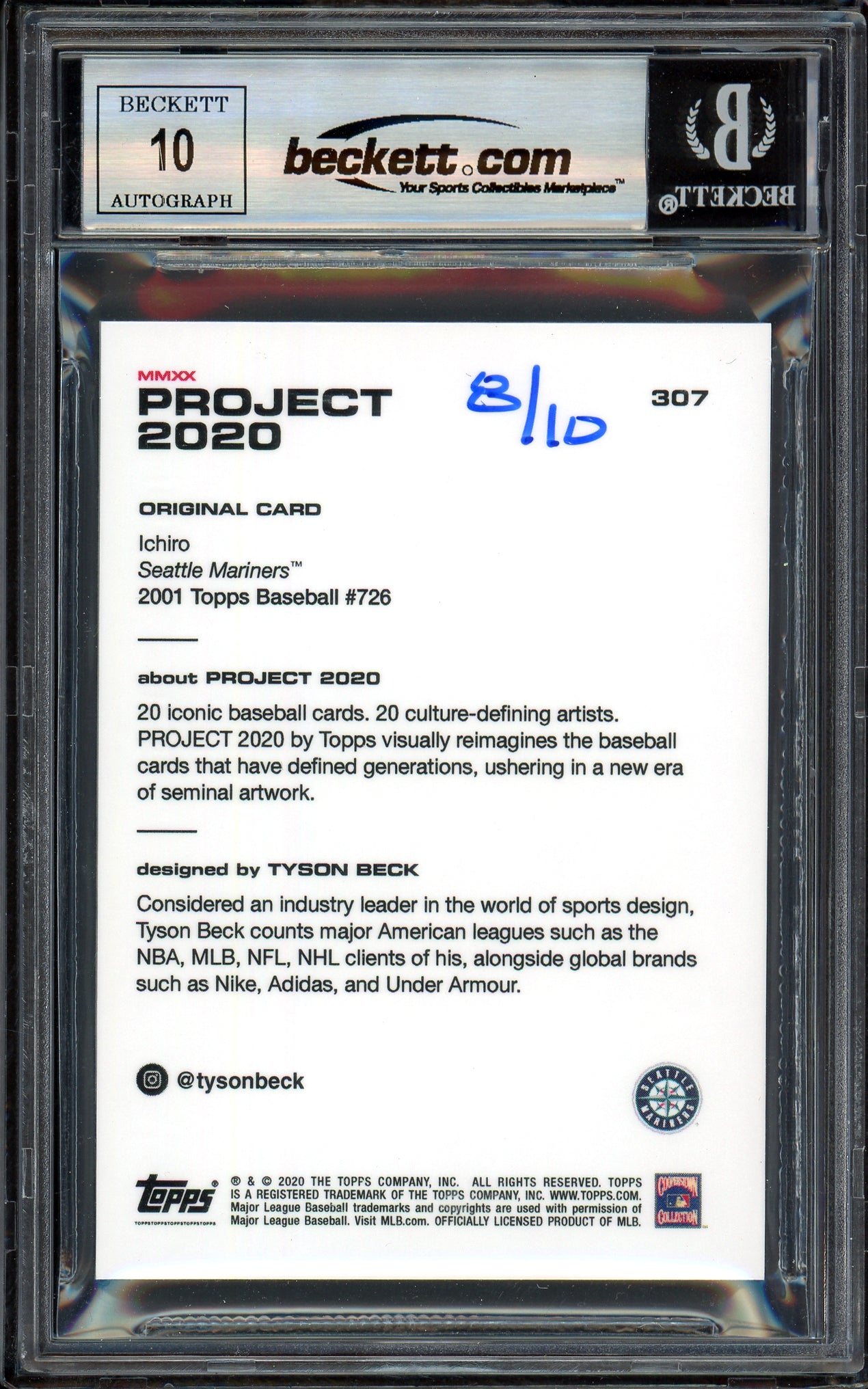 Ichiro Suzuki Autographed Topps Project 2020 Tyson Beck Card #307 Seattle Mariners Auto Grade Gem Mint 10 Teal #/10 Beckett BAS Stock #201034