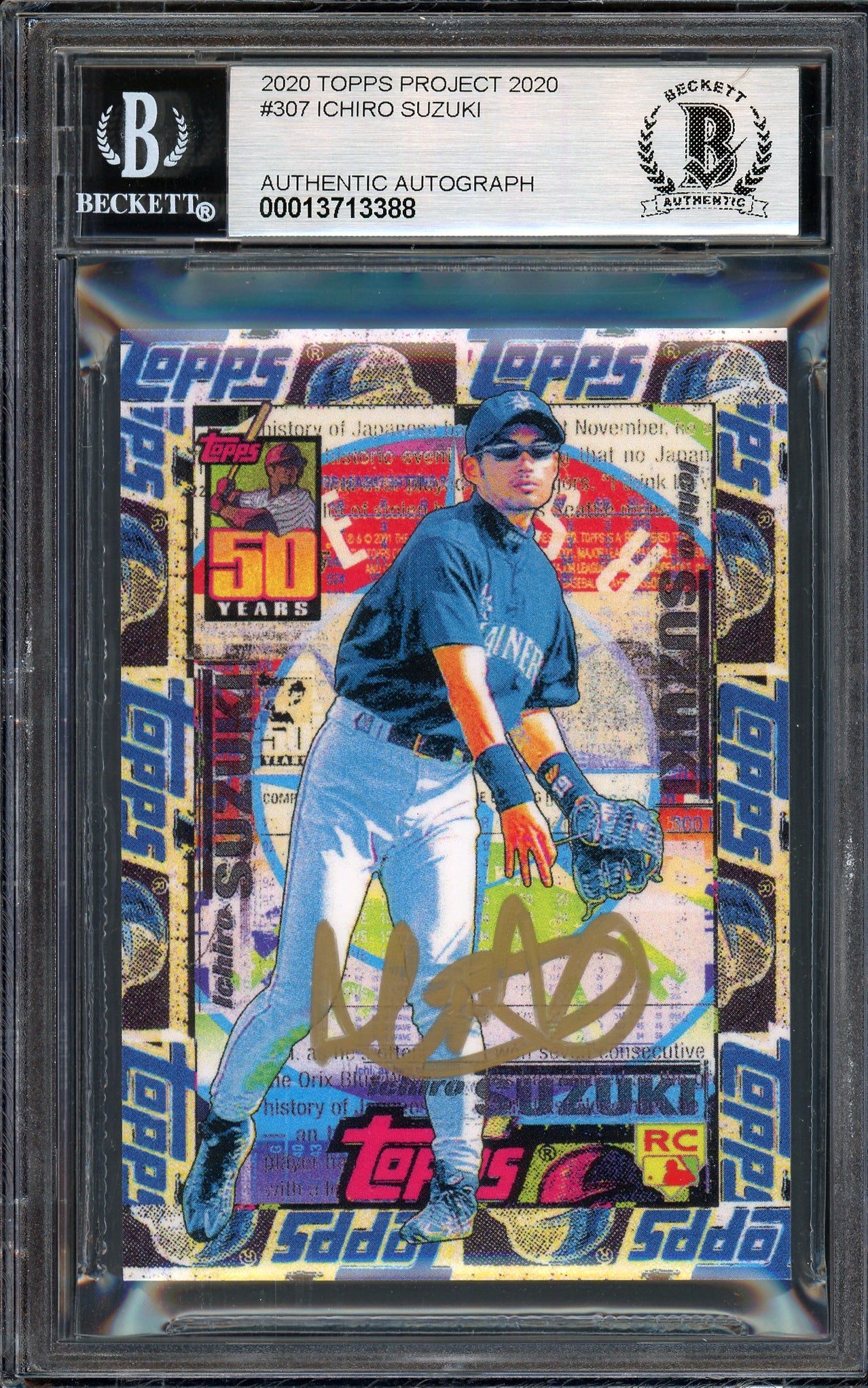 Ichiro Suzuki Autographed Topps Project 2020 Tyson Beck Card #307 Seattle Mariners Auto Grade Gem Mint 10 Gold #5/10 Beckett BAS #13713388