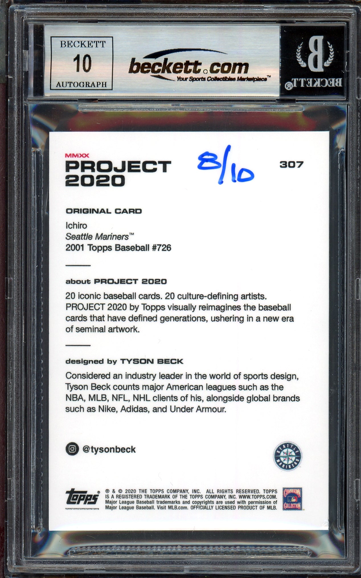 Ichiro Suzuki Autographed Topps Project 2020 Tyson Beck Card #307 Seattle Mariners Auto Grade Gem Mint 10 Gold #8/10 Beckett BAS #13713396