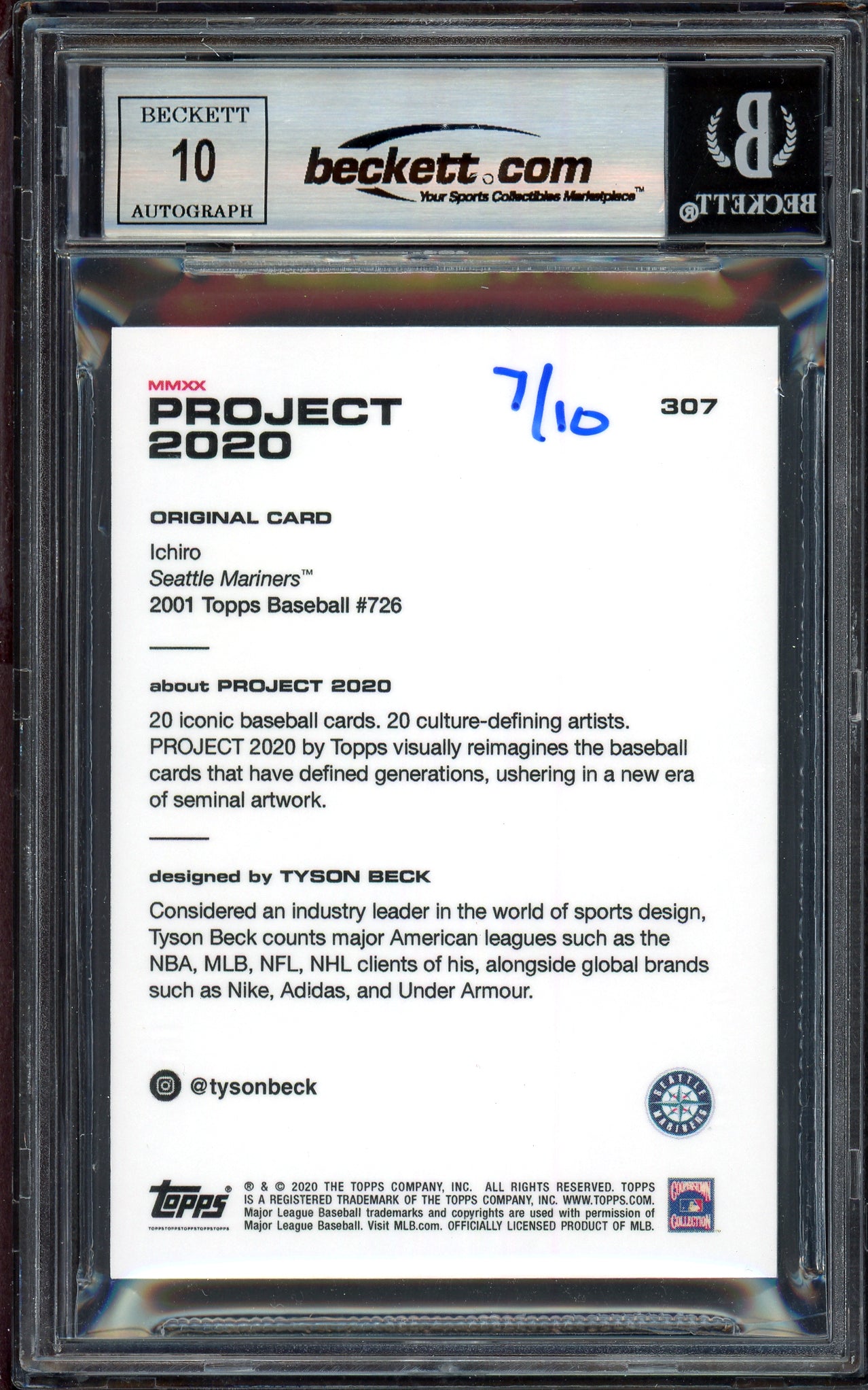 Ichiro Suzuki Autographed Topps Project 2020 Tyson Beck Card #307 Seattle Mariners Auto Grade Gem Mint 10 Silver #7/10 Beckett BAS #13713387