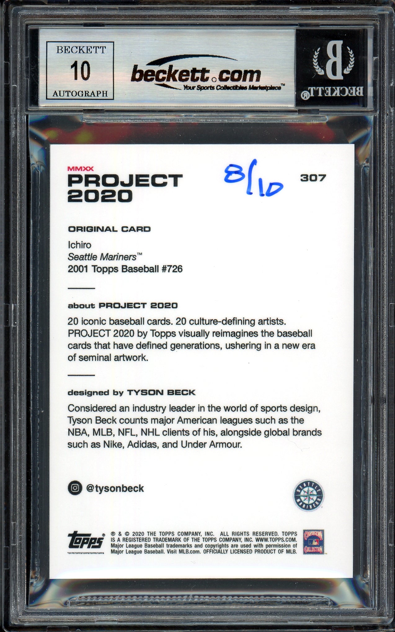Ichiro Suzuki Autographed Topps Project 2020 Tyson Beck Card #307 Seattle Mariners Auto Grade Gem Mint 10 Silver #8/10 Beckett BAS #13713180