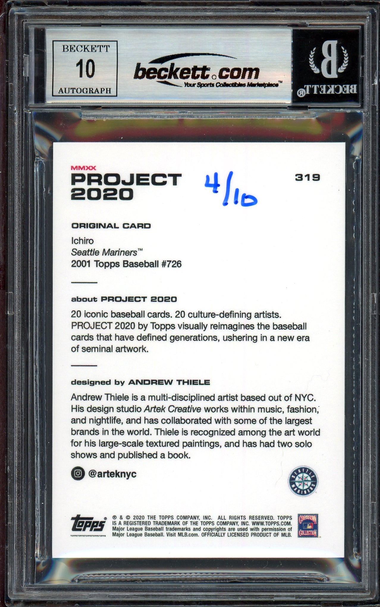 Ichiro Suzuki Autographed Topps Project 2020 Andrew Thiele Card #319 Seattle Mariners Auto Grade Gem Mint 10 Lime Green #/10 Beckett BAS Stock #201043