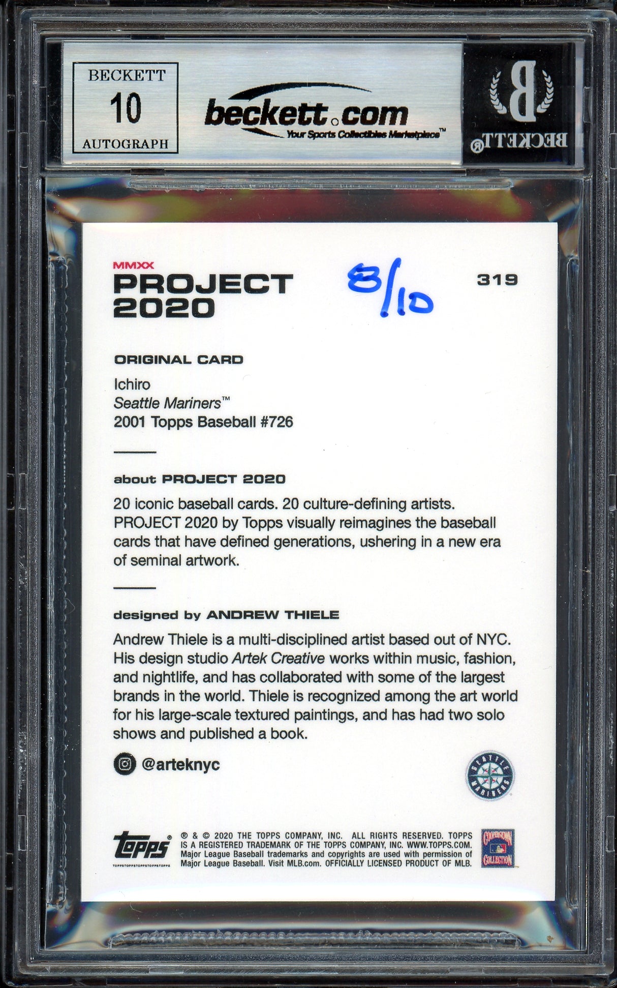 Ichiro Suzuki Autographed Topps Project 2020 Andrew Thiele Card #319 Seattle Mariners Auto Grade Gem Mint 10 Black #/10 Beckett BAS Stock #201044