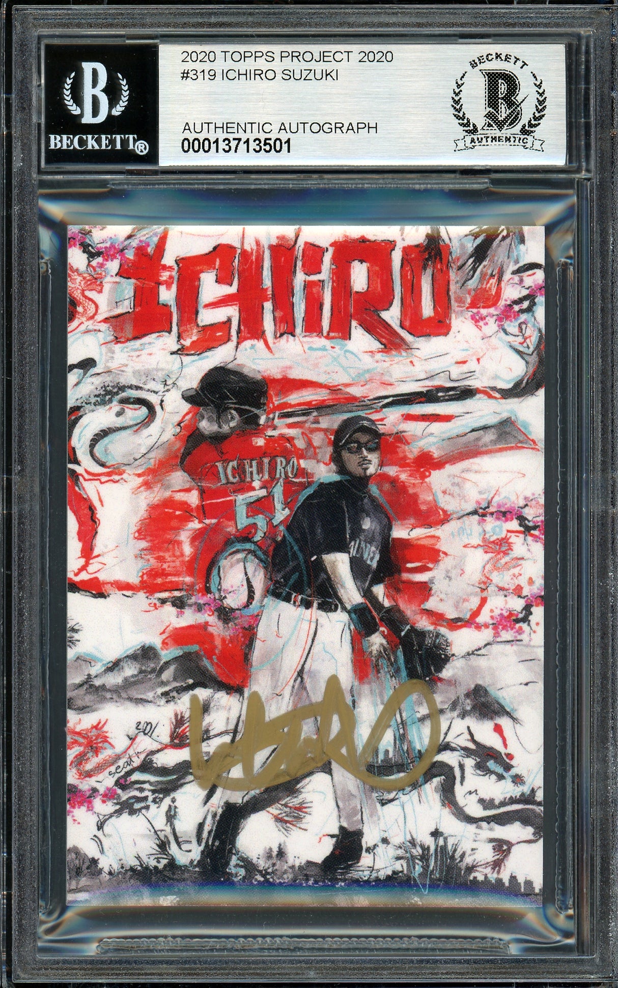 Ichiro Suzuki Autographed Topps Project 2020 Andrew Thiele Card #319 Seattle Mariners Auto Grade Gem Mint 10 Gold #/10 Beckett BAS Stock #201046