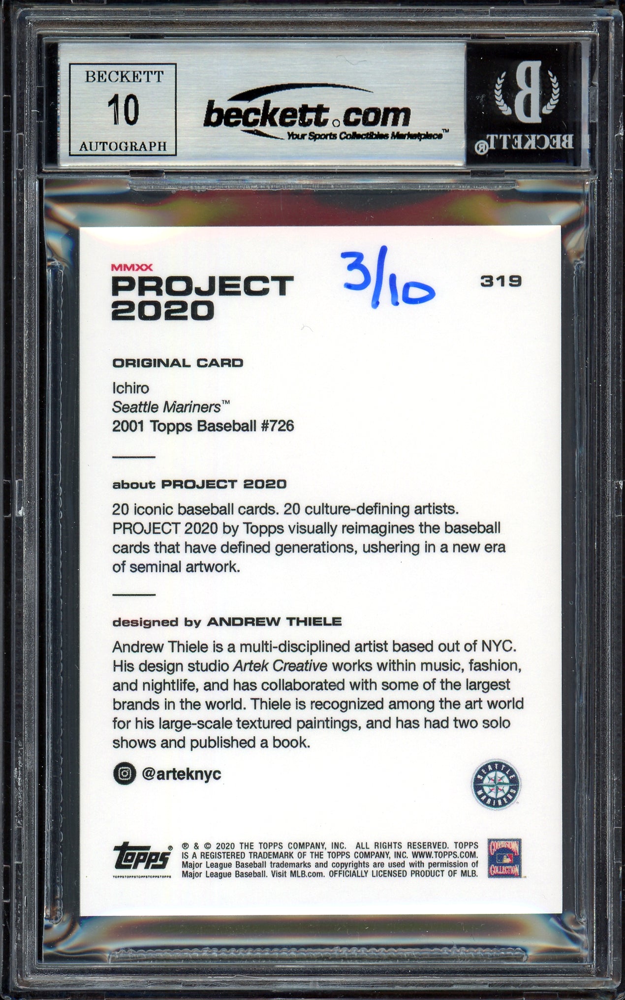 Ichiro Suzuki Autographed Topps Project 2020 Andrew Thiele Card #319 Seattle Mariners Auto Grade Gem Mint 10 Gold #/10 Beckett BAS Stock #201046