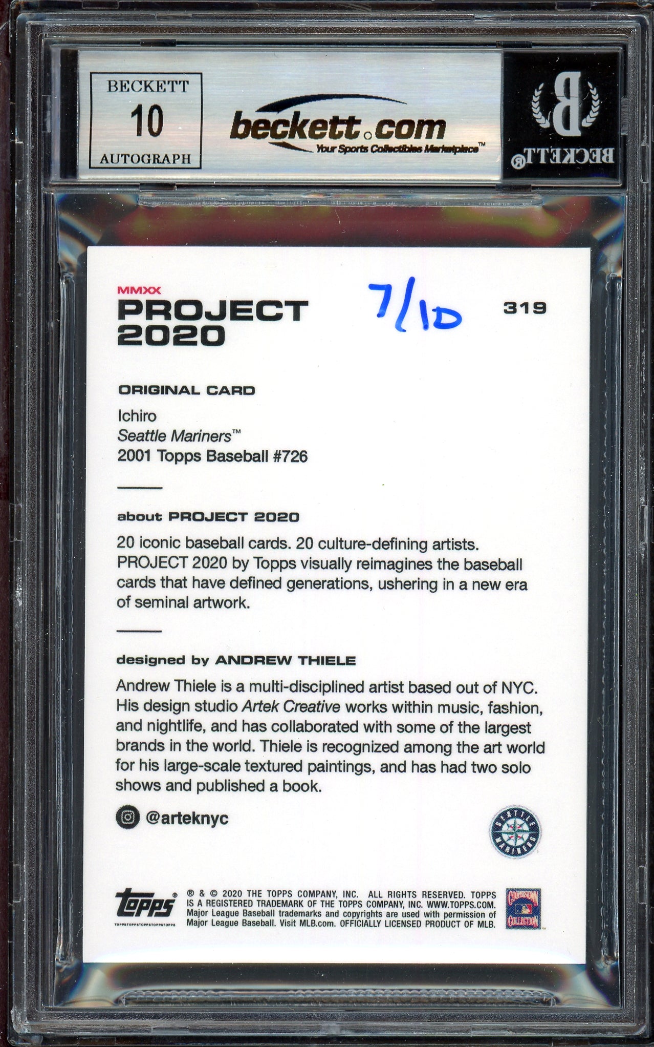 Ichiro Suzuki Autographed Topps Project 2020 Andrew Thiele Card #319 Seattle Mariners Auto Grade Gem Mint 10 Silver #/10 Beckett BAS Stock #201047
