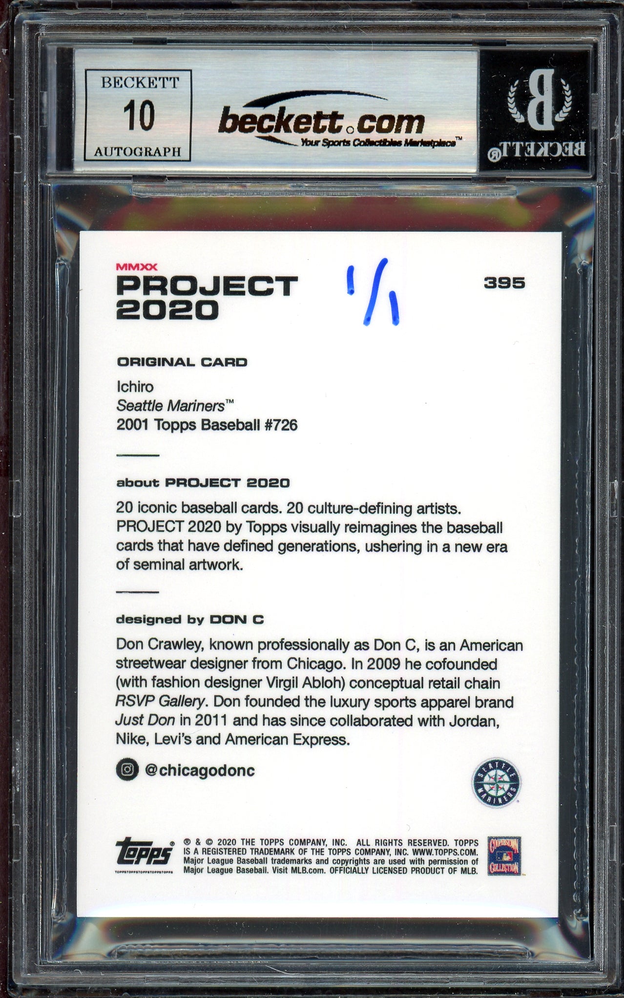 Ichiro Suzuki Autographed Topps Project 2020 Don C Card #395 Seattle Mariners Auto Grade Gem Mint 10 "01 ROY/MVP" Blue #1/1 Beckett BAS #13713052