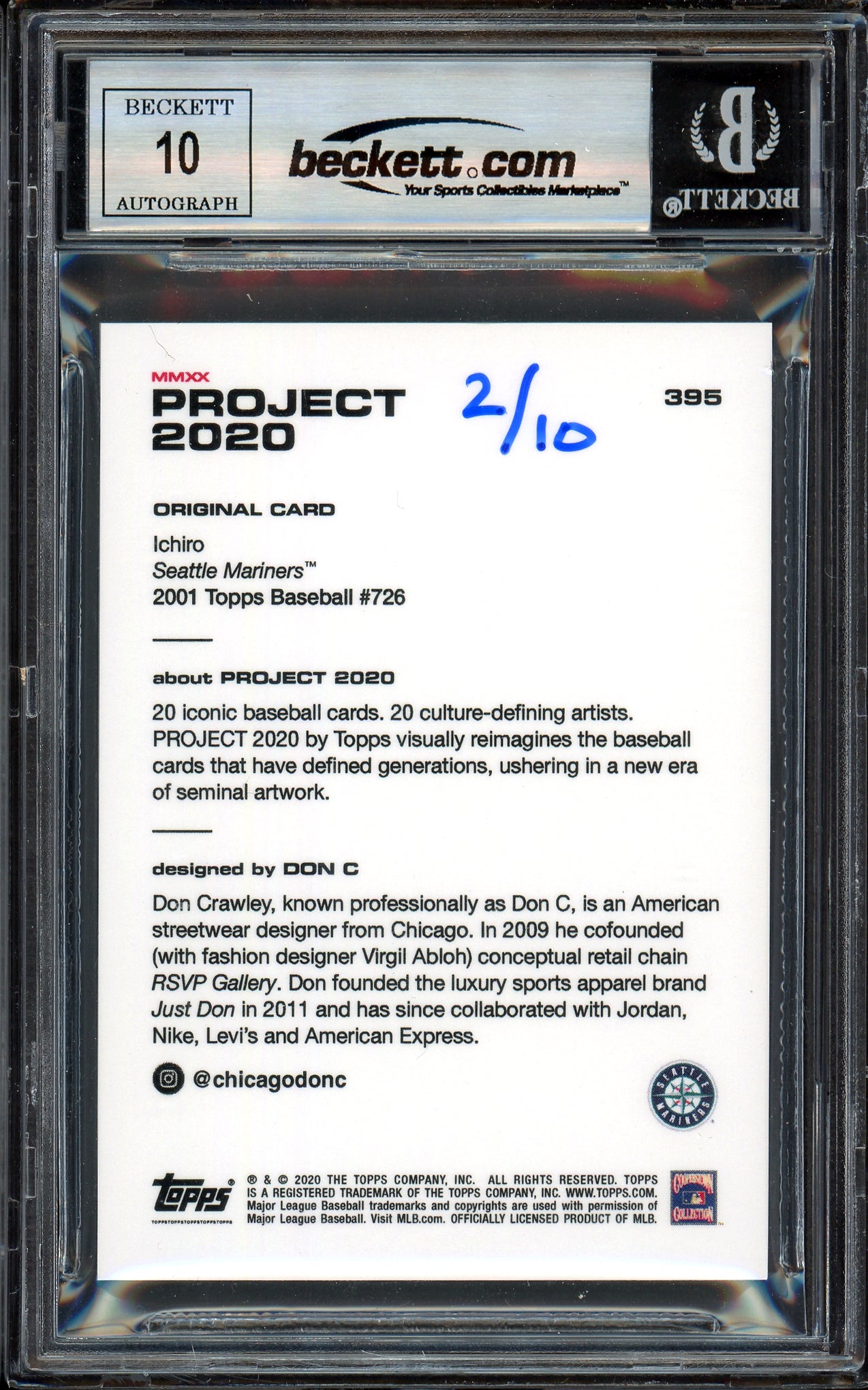 Ichiro Suzuki Autographed Topps Project 2020 Don C Card #395 Seattle Mariners Auto Grade Gem Mint 10 Blue #/10 Beckett BAS Stock #201056