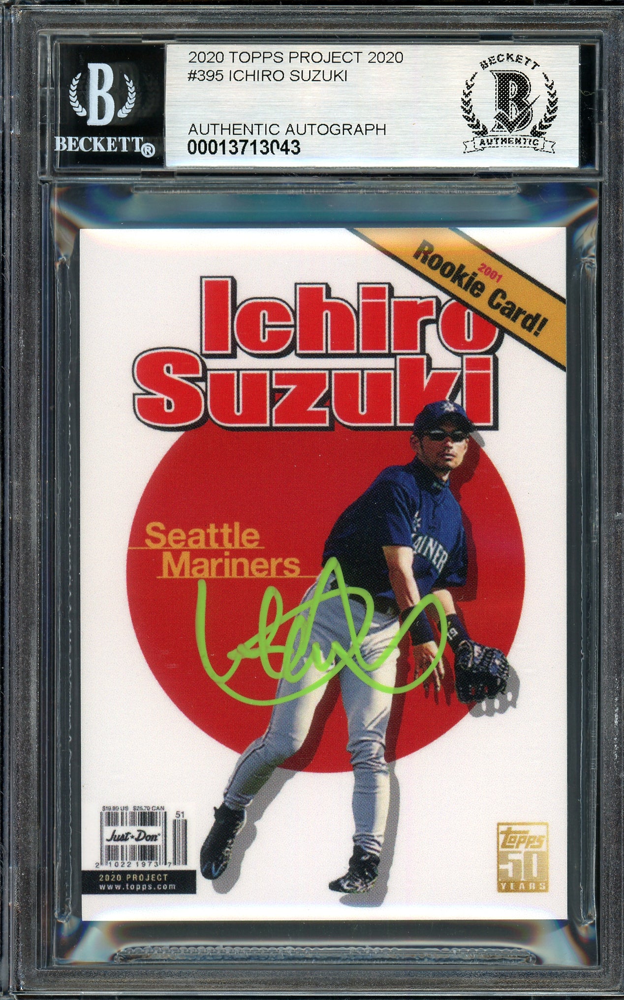 Ichiro Suzuki Autographed Topps Project 2020 Don C Card #395 Seattle Mariners Auto Grade Gem Mint 10 Lime Green #/10 Beckett BAS Stock #201057