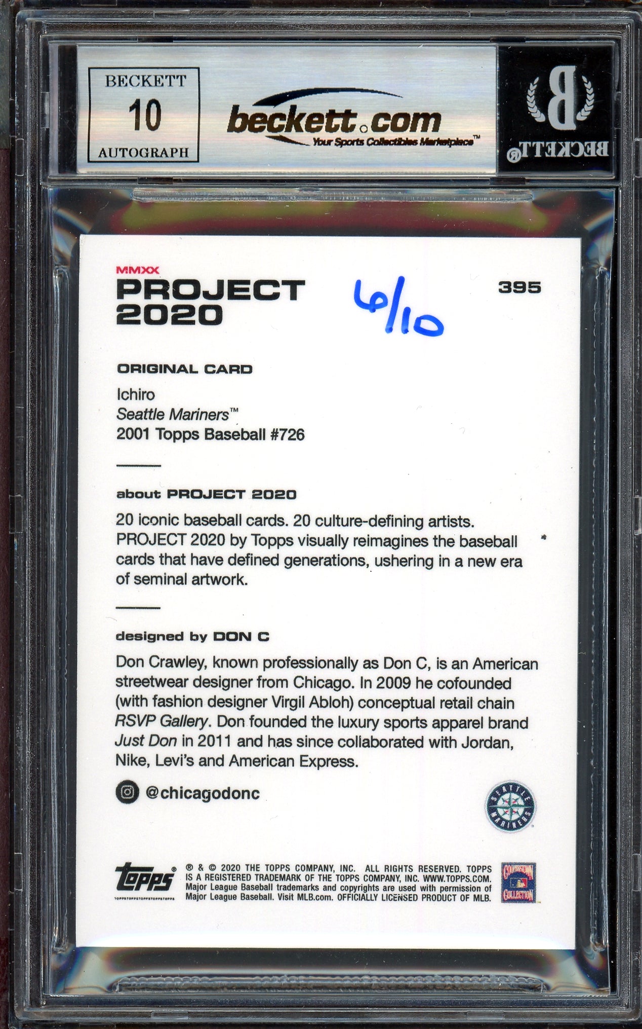 Ichiro Suzuki Autographed Topps Project 2020 Don C Card #395 Seattle Mariners Auto Grade Gem Mint 10 Lime Green #/10 Beckett BAS Stock #201057