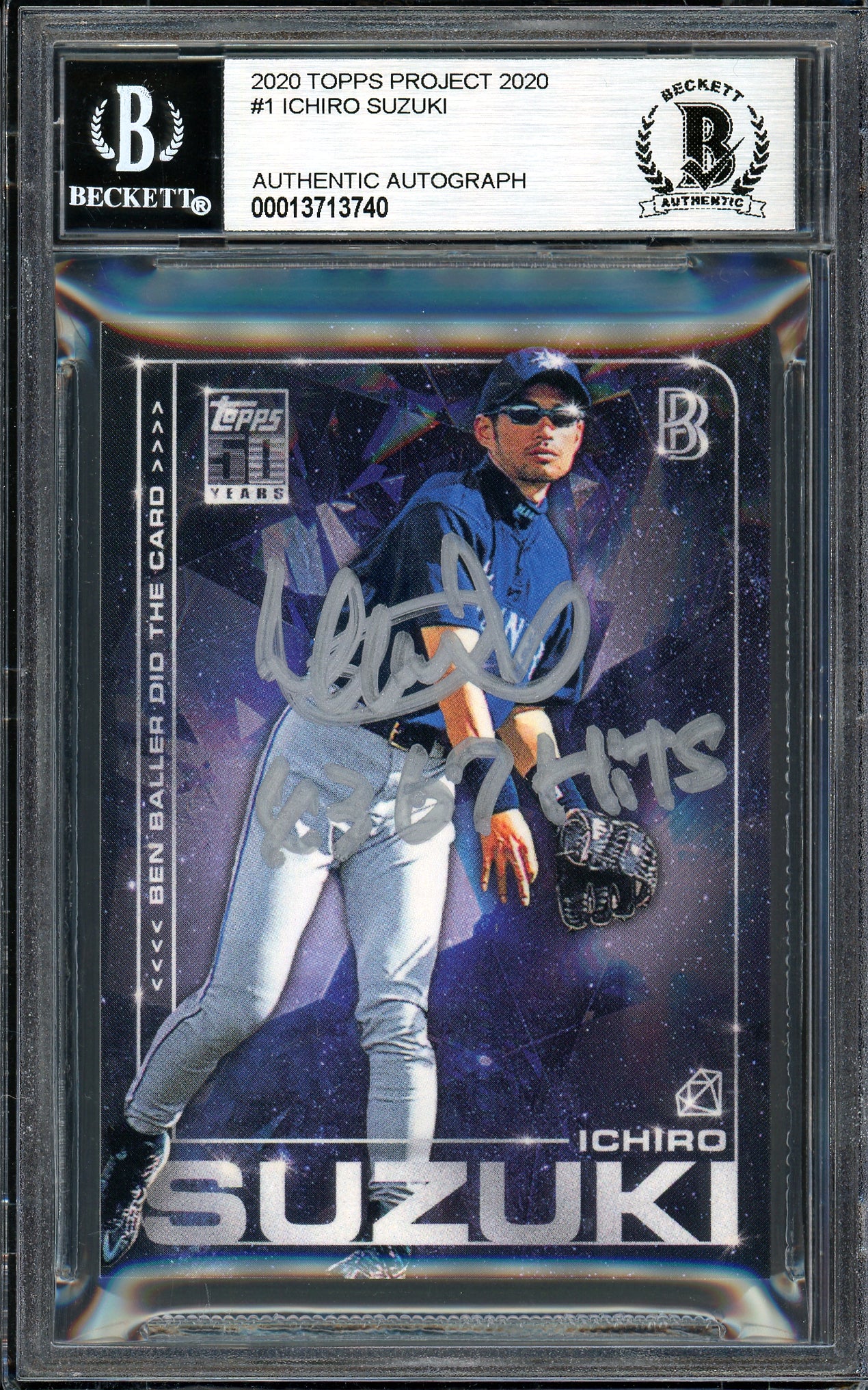 Ichiro Suzuki Autographed Topps Project 2020 Ben Baller Card #1 Seattle Mariners "4367 Hits" Silver #1/1 Beckett BAS #13713740