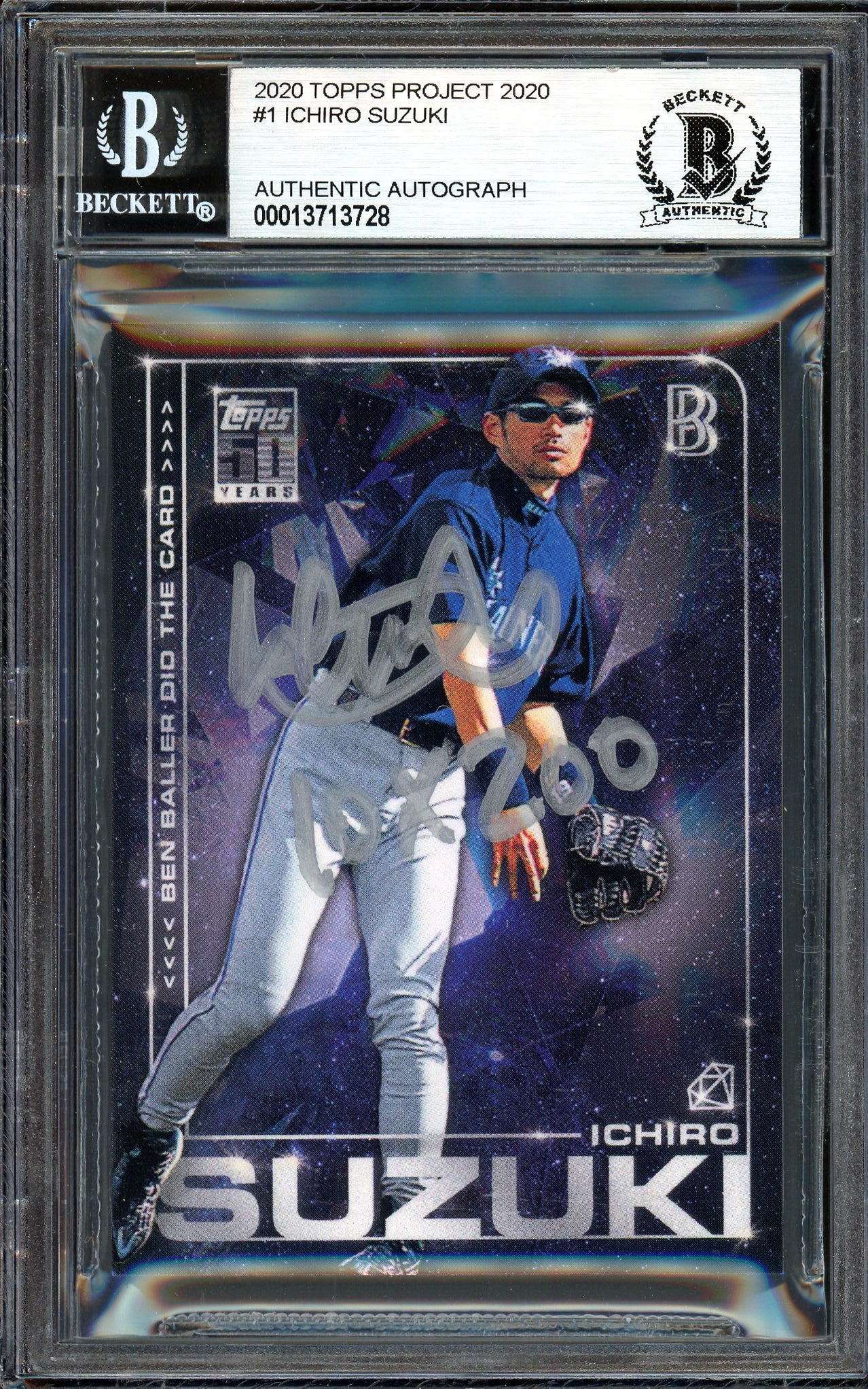 Ichiro Suzuki Autographed Topps Project 2020 Ben Baller Card #1 Seattle Mariners "10X 200" Silver #1/1 Beckett BAS #13713728