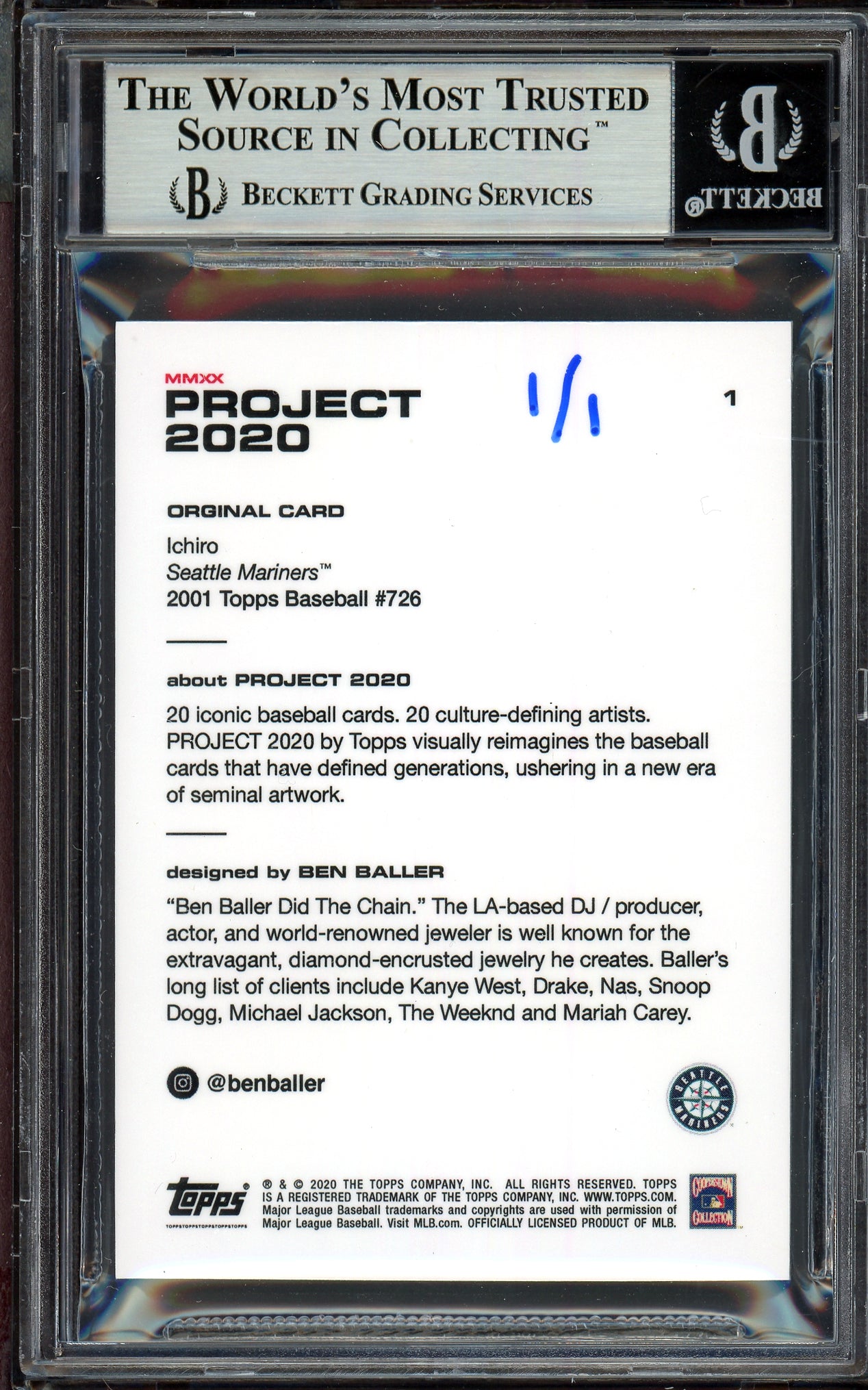 Ichiro Suzuki Autographed Topps Project 2020 Ben Baller Card #1 Seattle Mariners "3089 Hits" Silver #1/1 Beckett BAS #13713741