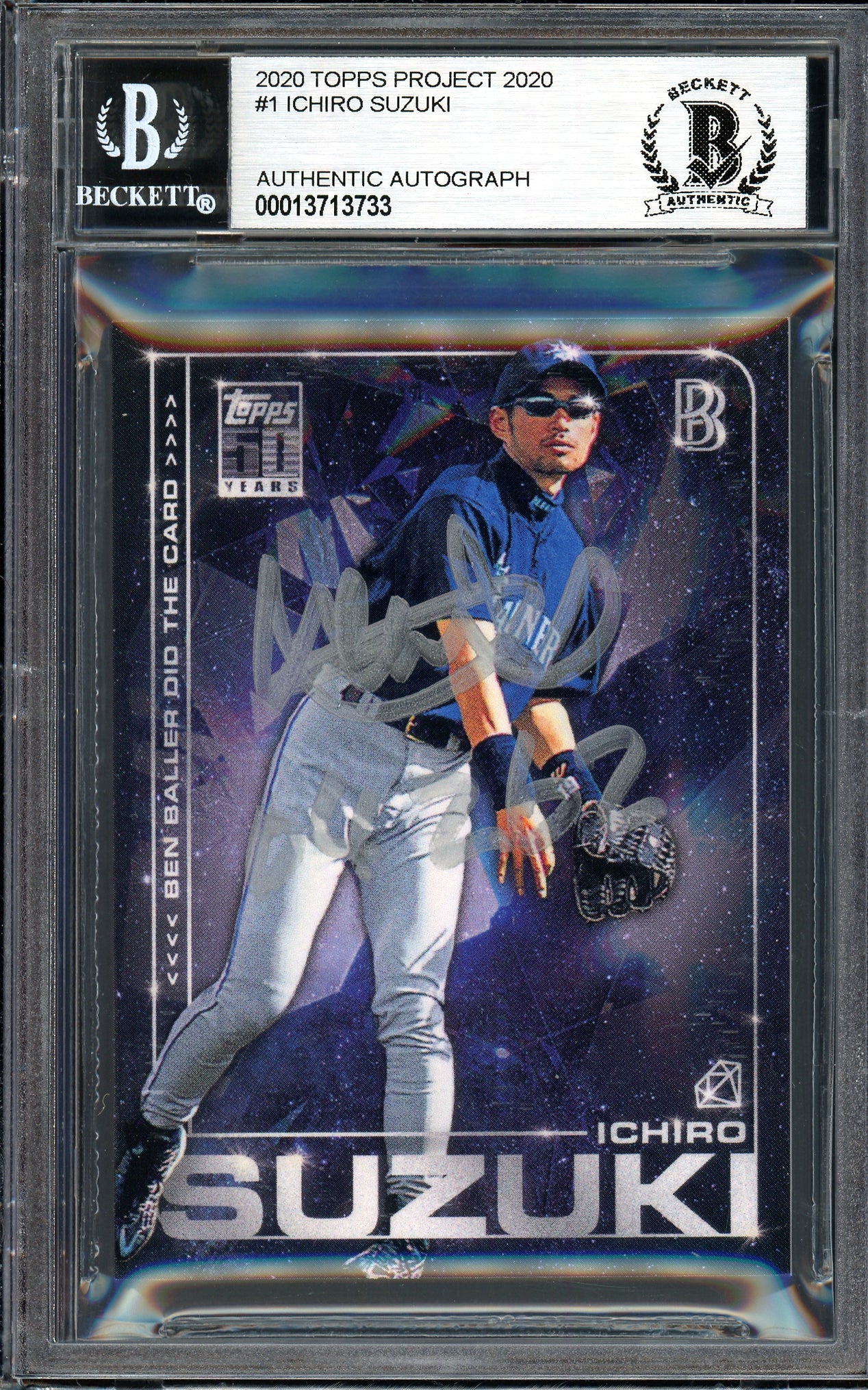 Ichiro Suzuki Autographed Topps Project 2020 Ben Baller Card #1 Seattle Mariners "04 262" Silver #1/1 Beckett BAS #13713733