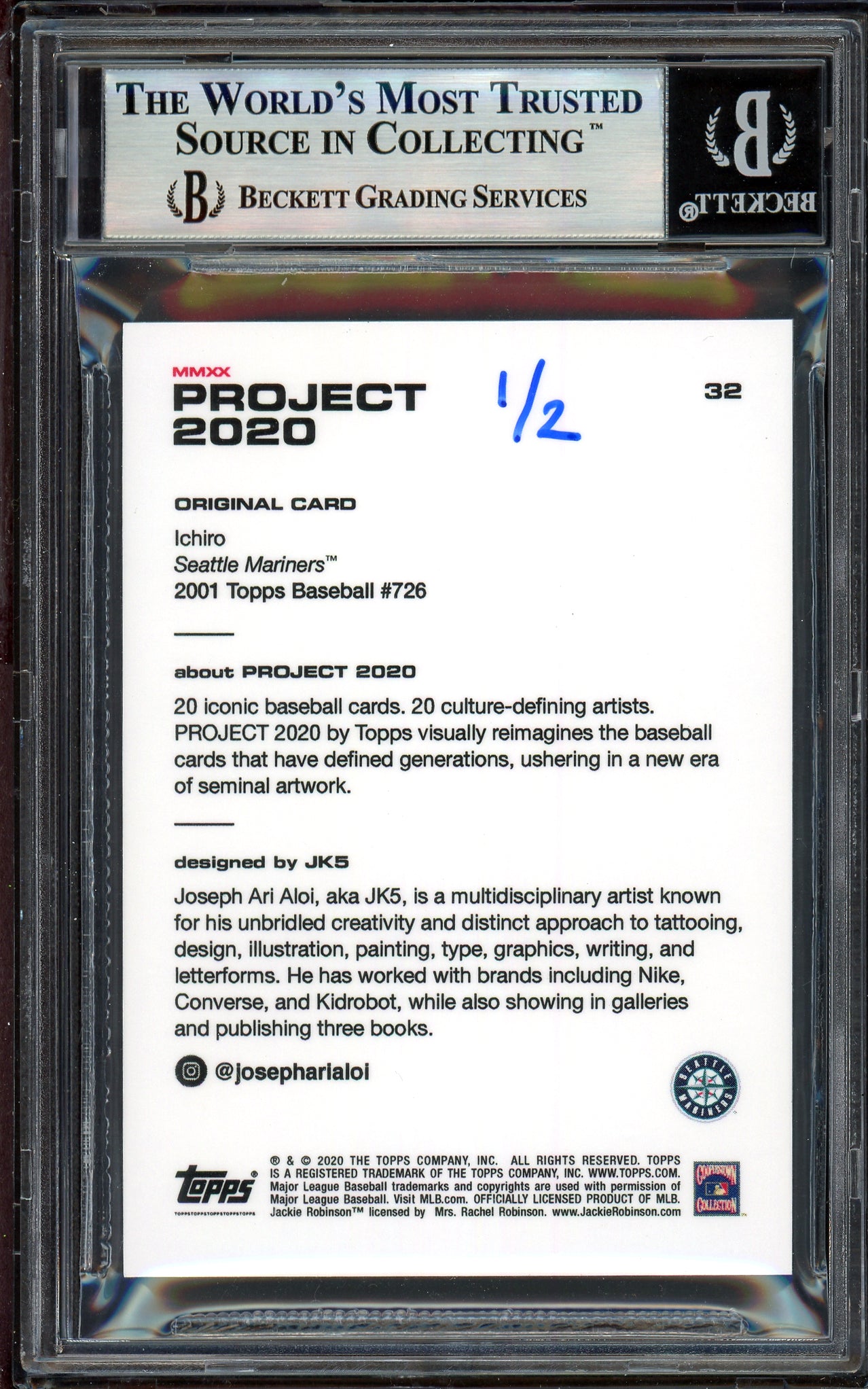 Ichiro Suzuki Autographed Topps Project 2020 JK5 Card #32 Seattle Mariners Silver #1/2 Beckett BAS #13714074