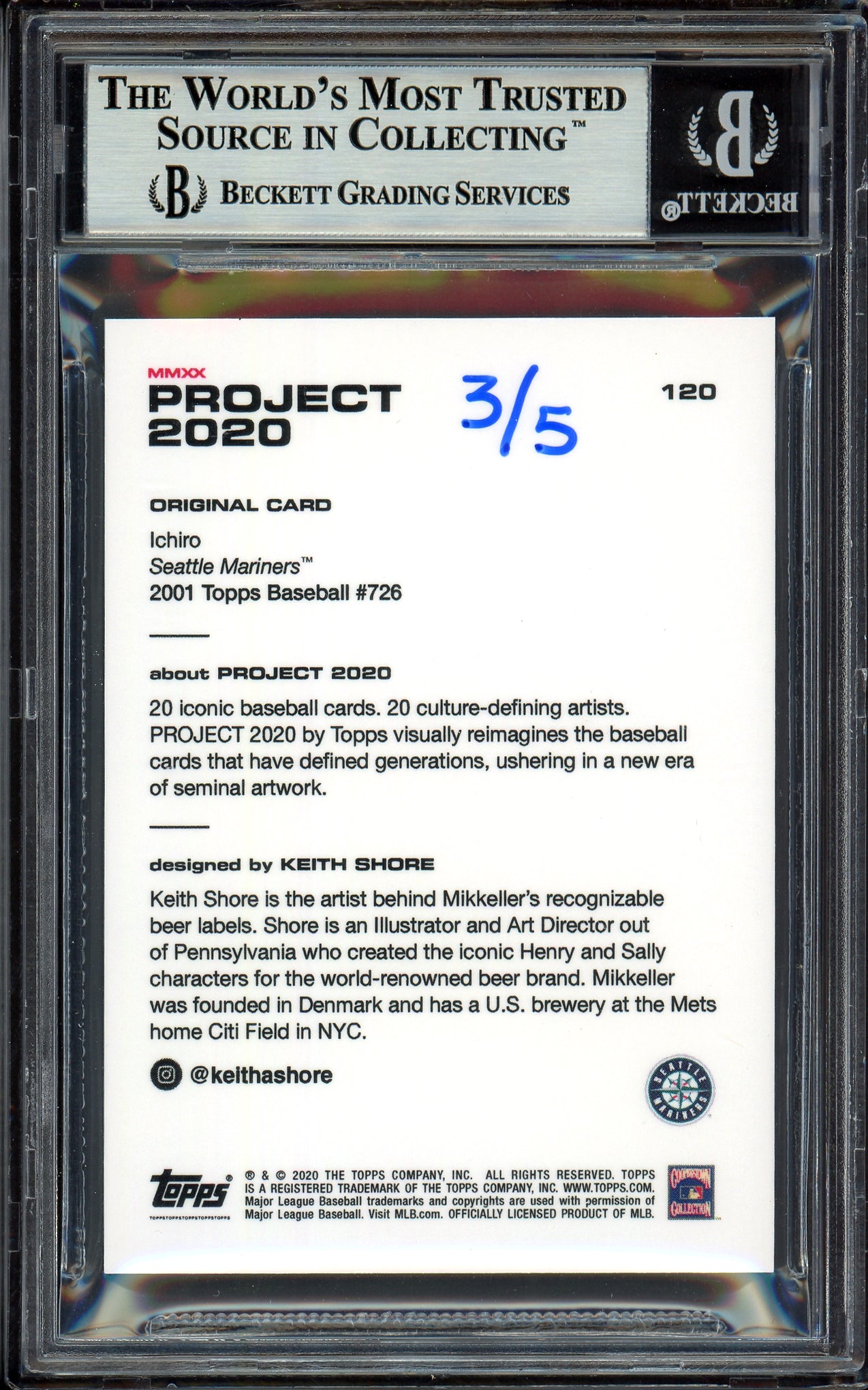 Ichiro Suzuki Autographed Topps Project 2020 Keith Shore Card #120 Seattle Mariners Gold #3/5 Beckett BAS #13713786