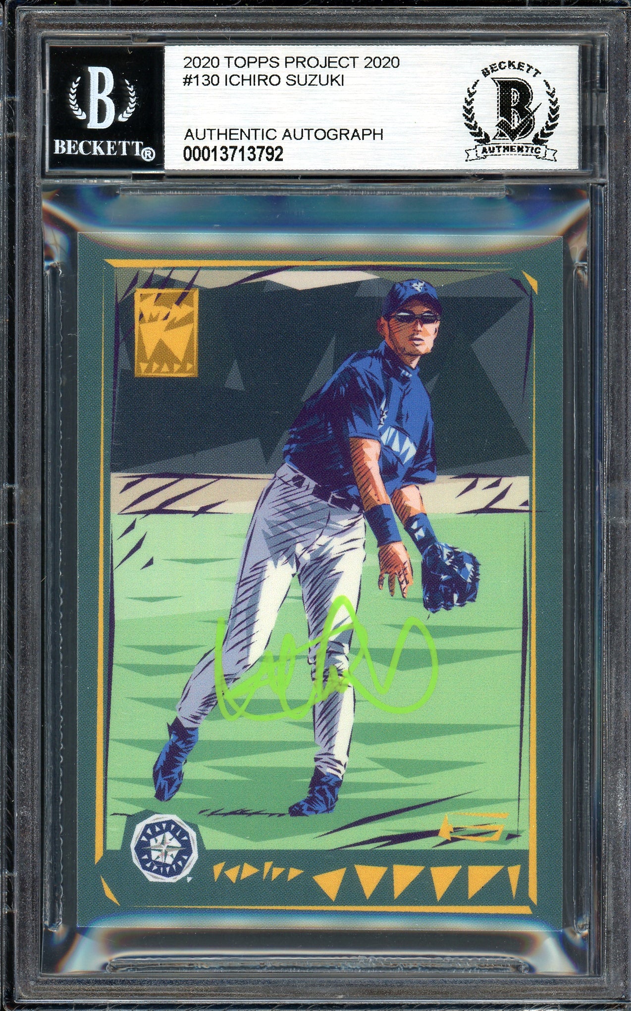 Ichiro Suzuki Autographed Topps Project 2020 Naturel Card #130 Seattle Mariners Lime Green #4/5 Beckett BAS #13713792