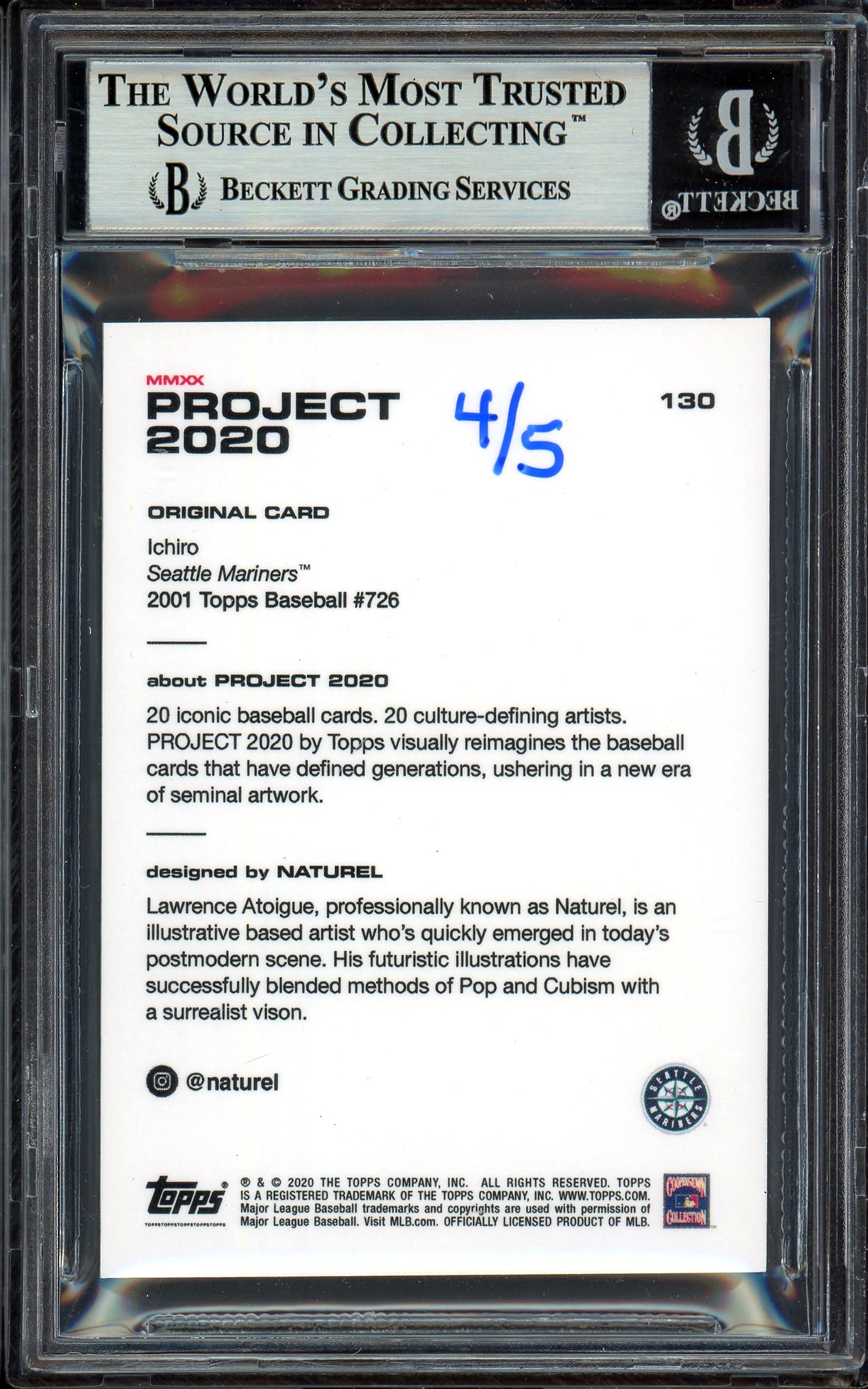 Ichiro Suzuki Autographed Topps Project 2020 Naturel Card #130 Seattle Mariners Lime Green #4/5 Beckett BAS #13713792