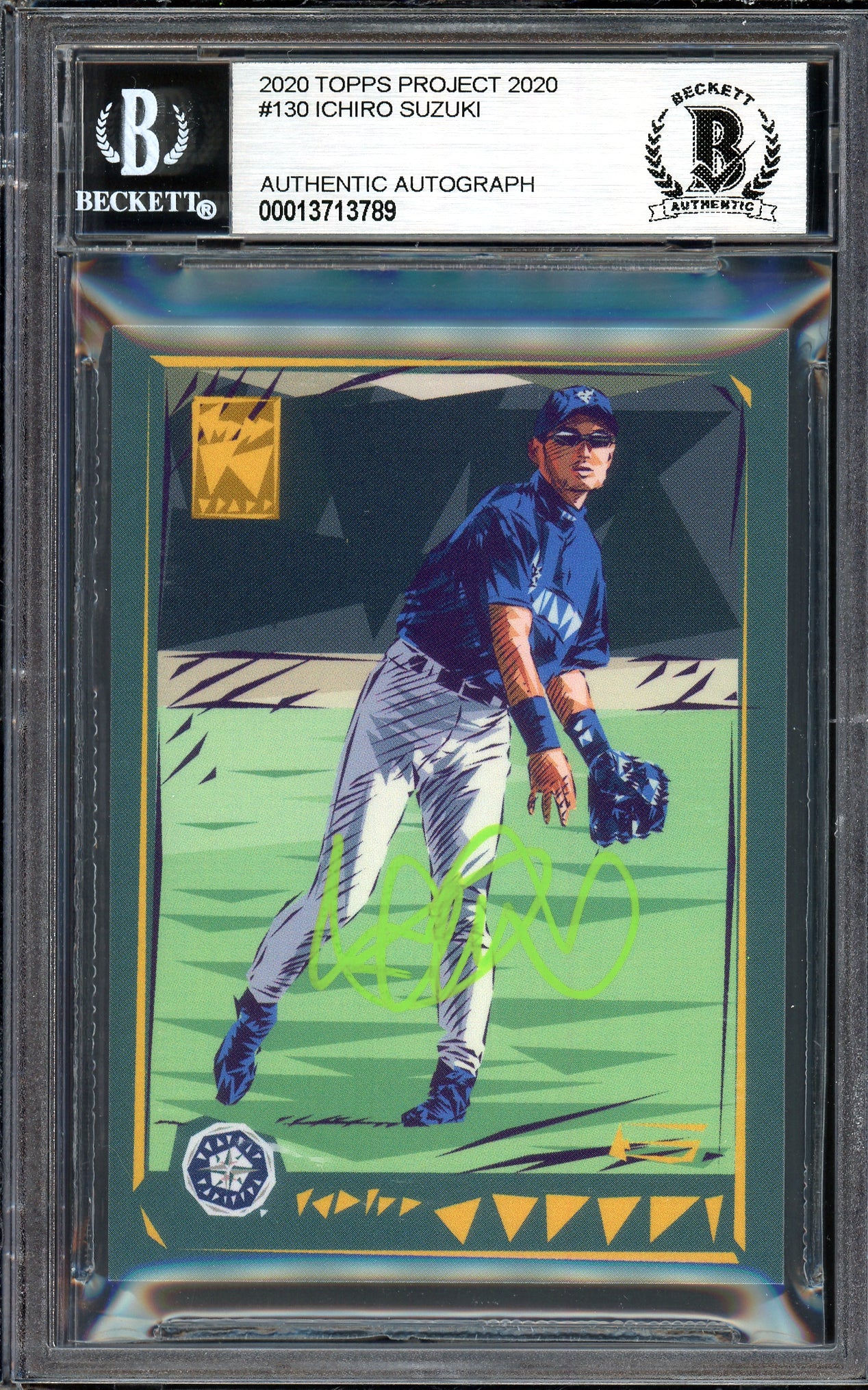 Ichiro Suzuki Autographed Topps Project 2020 Naturel Card #130 Seattle Mariners Lime Green #3/5 Beckett BAS #13713789