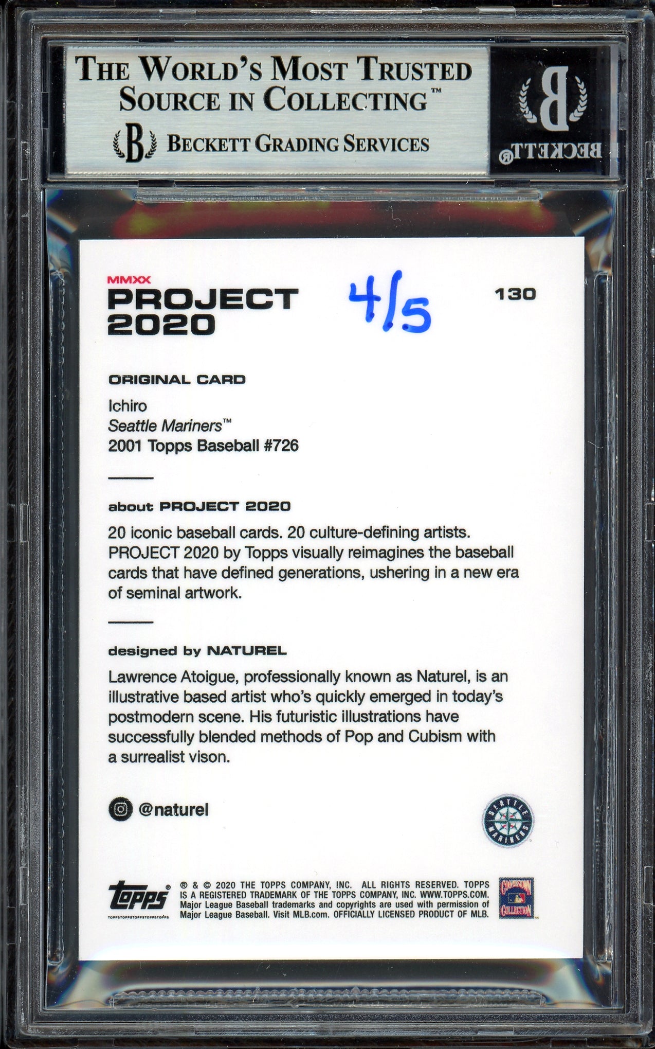 Ichiro Suzuki Autographed Topps Project 2020 Naturel Card #130 Seattle Mariners Gold #/5 Beckett BAS Stock #201100